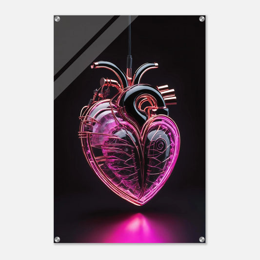 Digitales Kunstwerk eines anatomischen Herzens mit leuchtend pinken Neon-Strukturen und glänzenden schwarzen Oberflächen auf dunklem Grund. 60x90 cm. Acryl