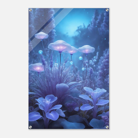 Digitales Kunstwerk einer fantastischen Waldlandschaft mit biolumineszenten, blau leuchtenden Pilzen und Blumen in sanftem Licht. 60x90 cm. Acryl