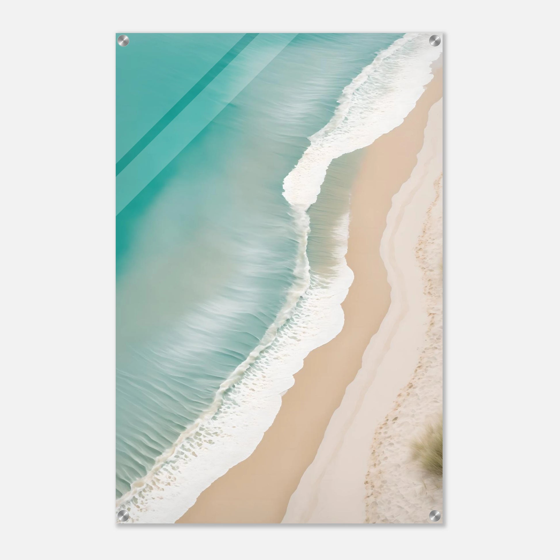 Traumhaftes Strand-Wandbild: Türkisfarbenes Meer und weißer Sand aus der Luftaufnahme. Minimalistisches Küsten-Design für Ihr Zuhause. Jetzt online kaufen! 60x90 cm. Acryl