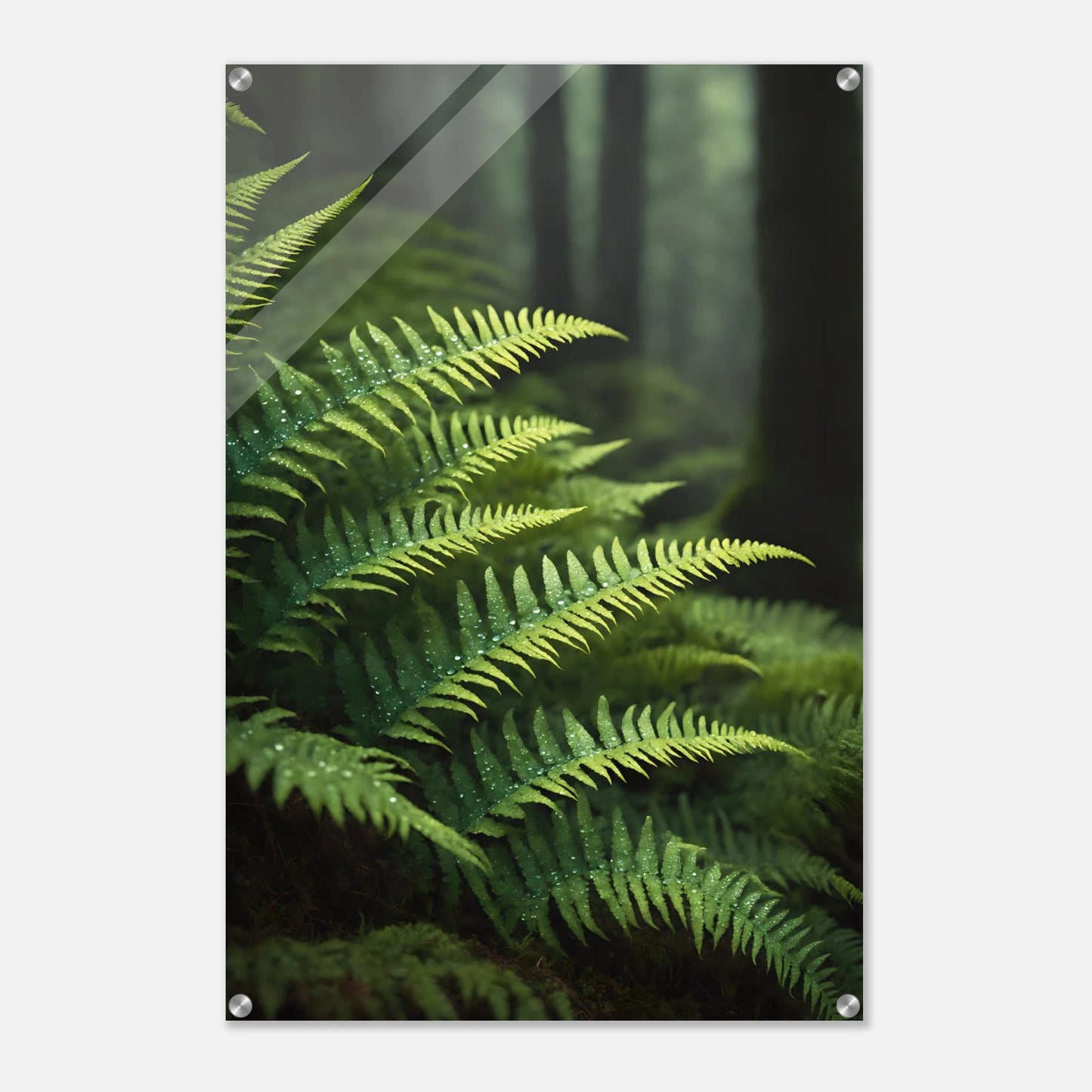 Nahaufnahme von grünen Farnwedeln mit Tautropfen in einem dichten, nebligen Wald mit weichem Hintergrund. 60x90 cm. Acryl