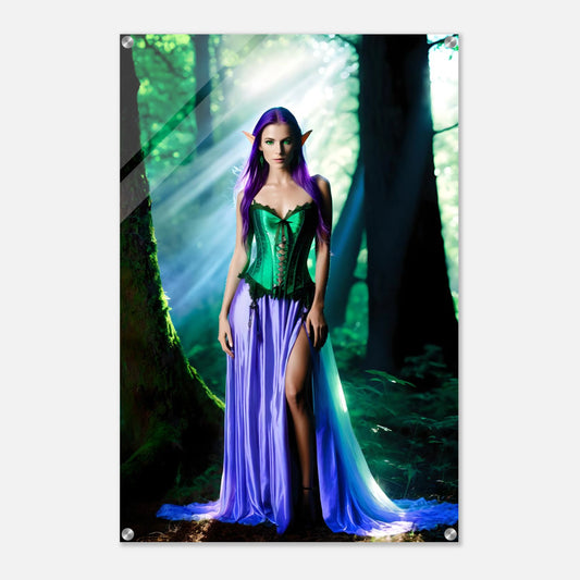 Digitales Kunstwerk einer Elfe mit violetten Haaren und grünem Korsett in einem sonnigen, nebligen Wald. 60x90 cm. Acryl