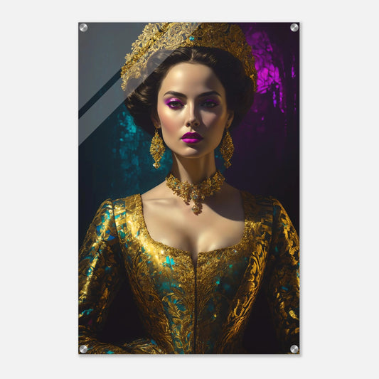 Digitales Porträt einer barocken Königin in Gold und Türkis mit deutlich sichtbaren, künstlerischen Glitch-Effekten und Pixelfehlern. 60x90 cm. Acryl