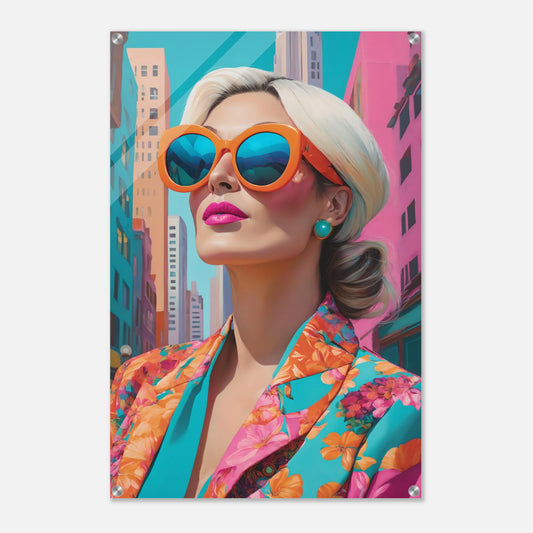 Modernes Pop-Art Wandbild einer Frau mit blonder Hochsteckfrisur, orangefarbener Sonnenbrille und floralem Blazer vor einer bunten Stadtkulisse. 60x90 cm. Acryl