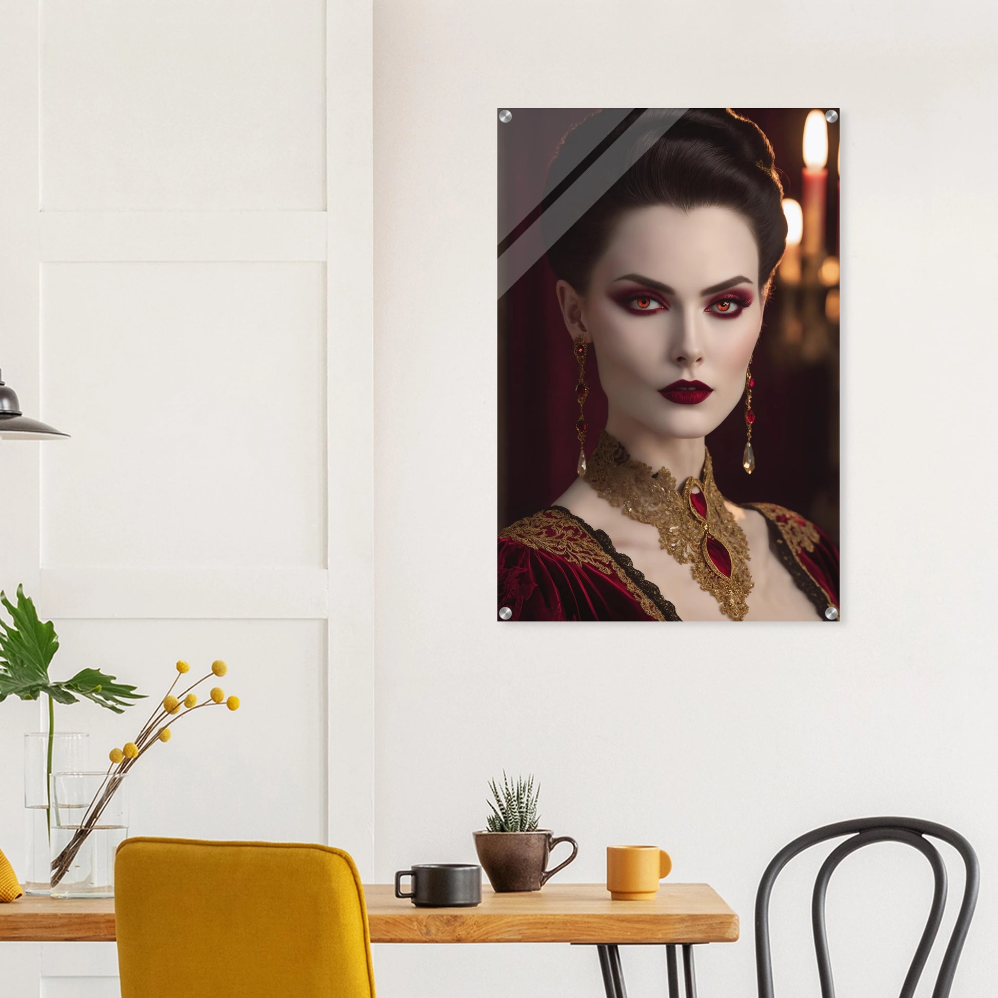 Digitales Porträt einer Frau im Gothic-Stil mit rot leuchtenden Augen, dunklem Haar und opulentem gold-rotem Halsschmuck. 60x90 cm. Acryl