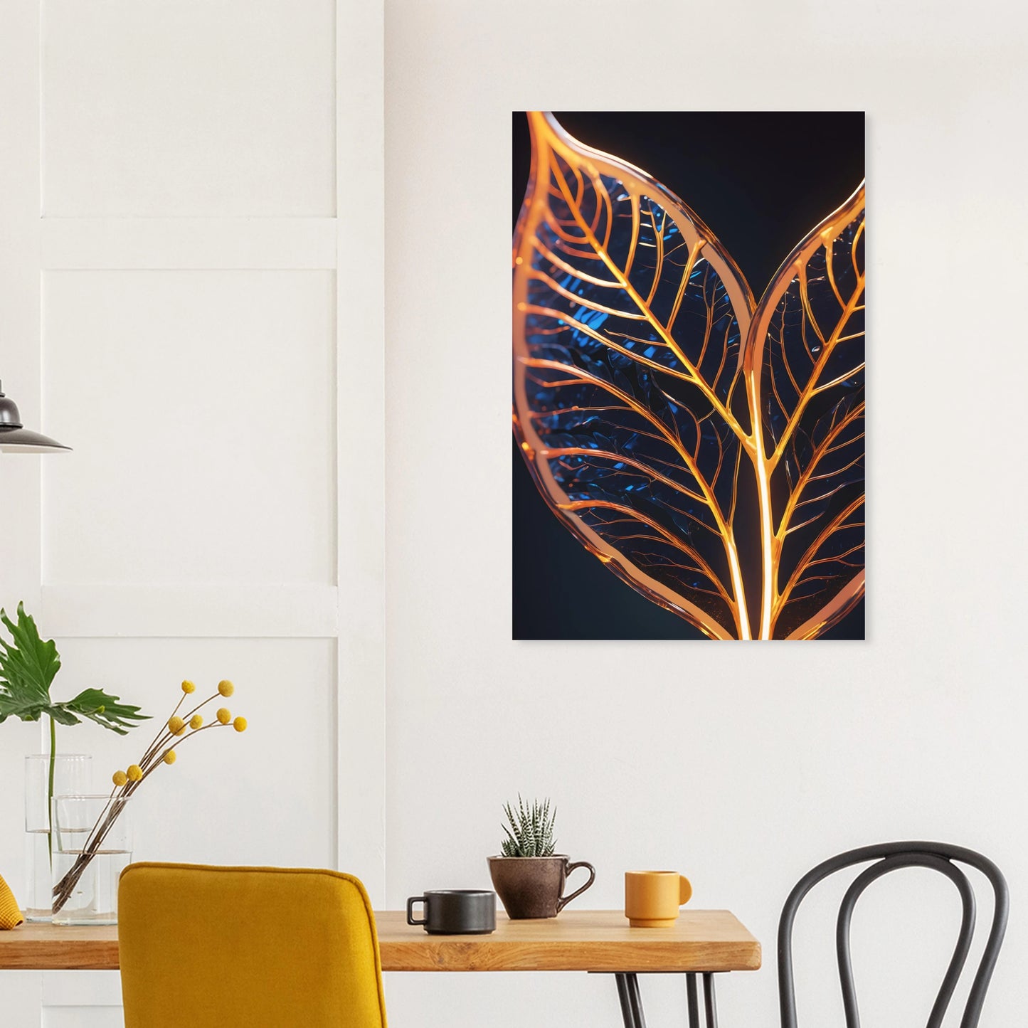 Modernes Wandbild mit zwei goldenen, gläsernen Blättern in Makroaufnahme auf dunklem Hintergrund, Format 60x90 cm. Dibond