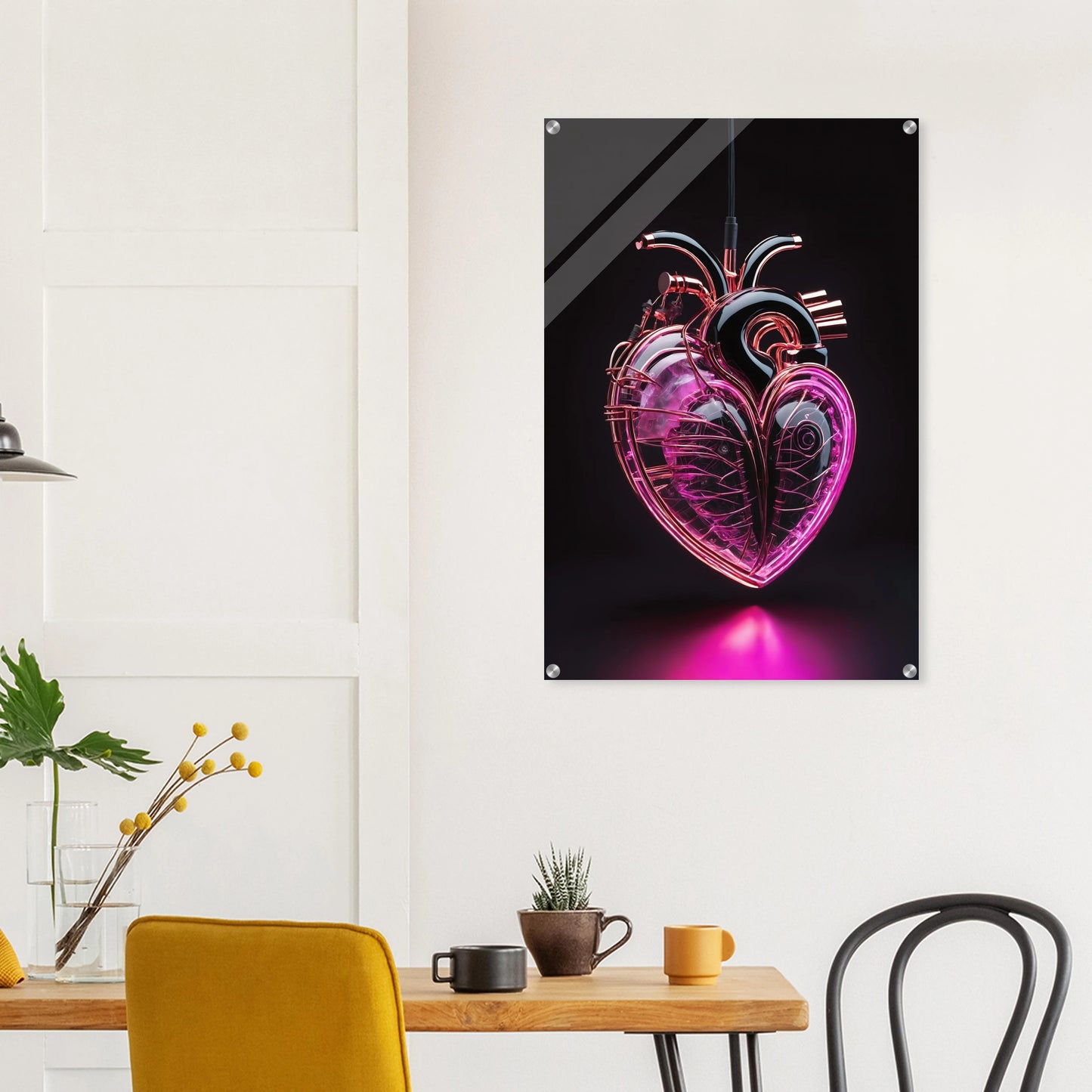 Digitales Kunstwerk eines anatomischen Herzens mit leuchtend pinken Neon-Strukturen und glänzenden schwarzen Oberflächen auf dunklem Grund. 60x90 cm. Acryl