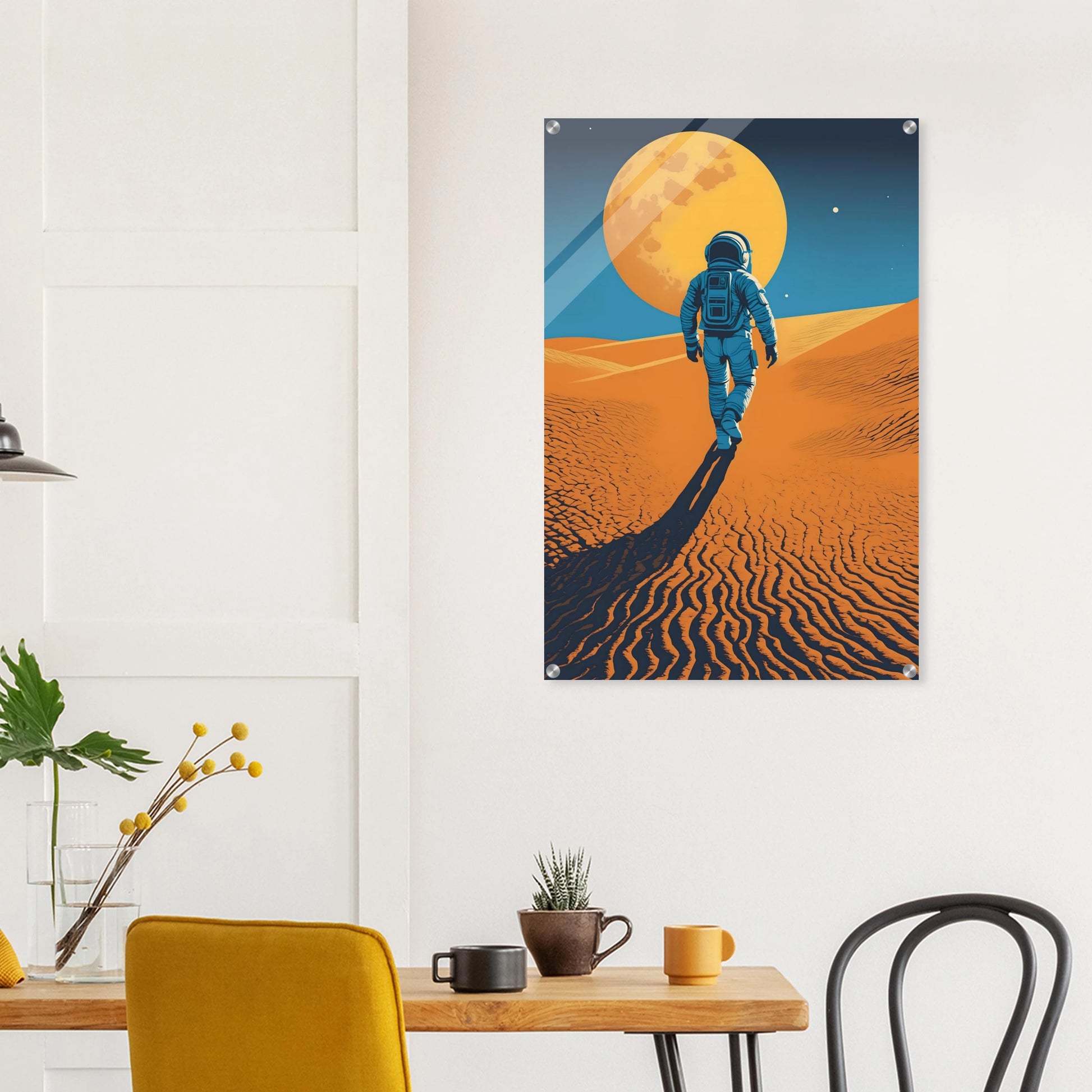 Illustration eines Astronauten, der bei Nacht durch eine orangefarbene Wüstenlandschaft unter einem großen Vollmond wandert. 60x90 cm. Acryl