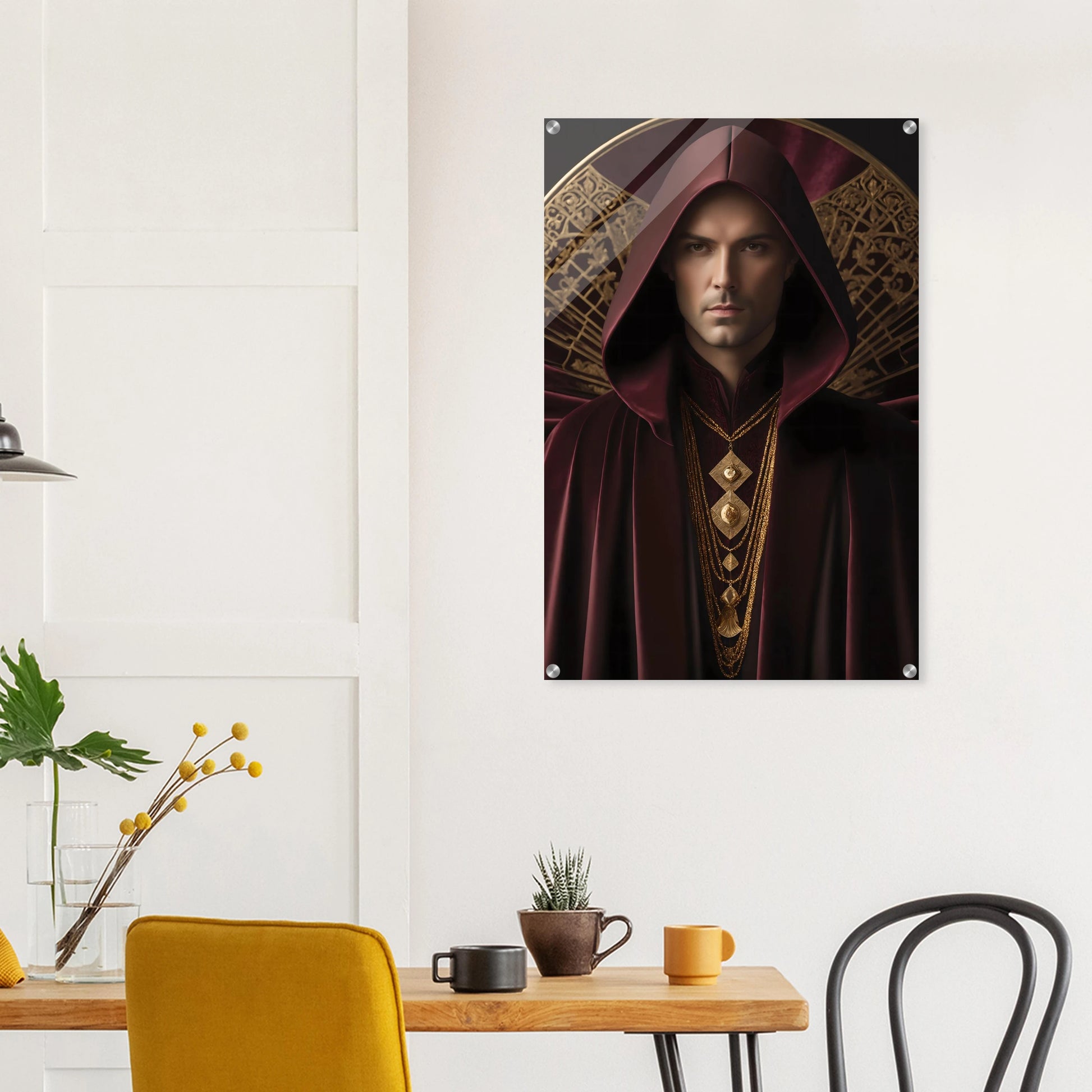 Digitales Kunstwerk einer männlichen Gestalt mit purpurner Kapuze, goldenen Ketten und kunstvollem Hintergrund. 60x90 cm. Acryl