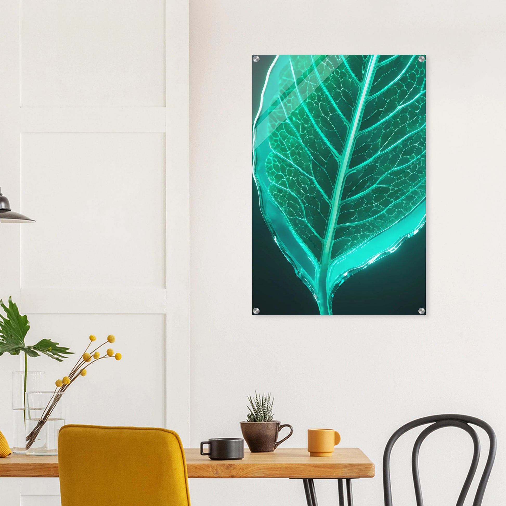 Modernes Wandbild eines leuchtenden, türkisfarbenen Blattes in transparenter Glas-Optik mit sichtbaren Blattadern. 60x90 cm. Acryl