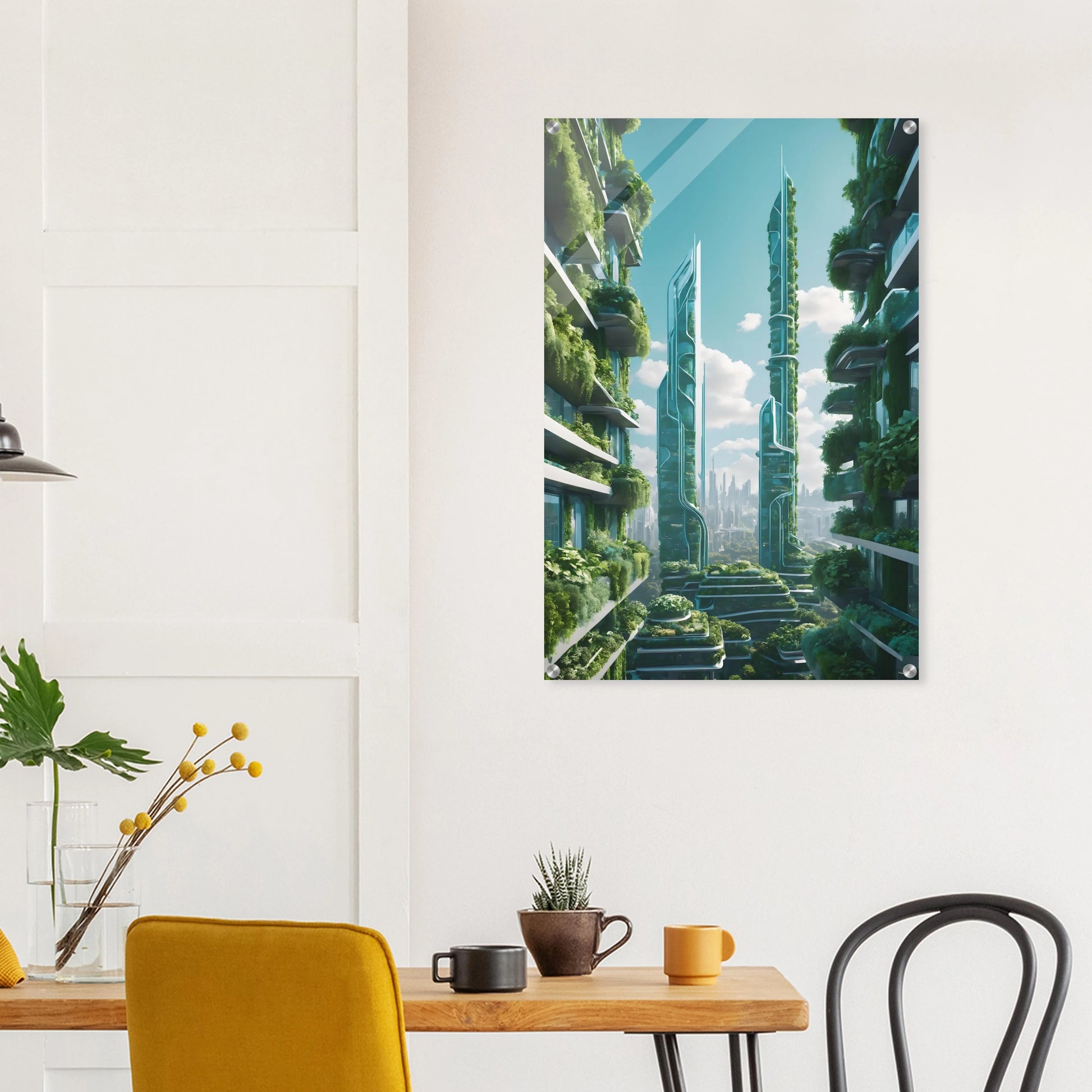 Digitales Kunstwerk einer futuristischen Stadt mit extrem hohen, schlanken Wolkenkratzern, die über und über mit grünen Pflanzen bewachsen sind. 60x90 cm. Acryl