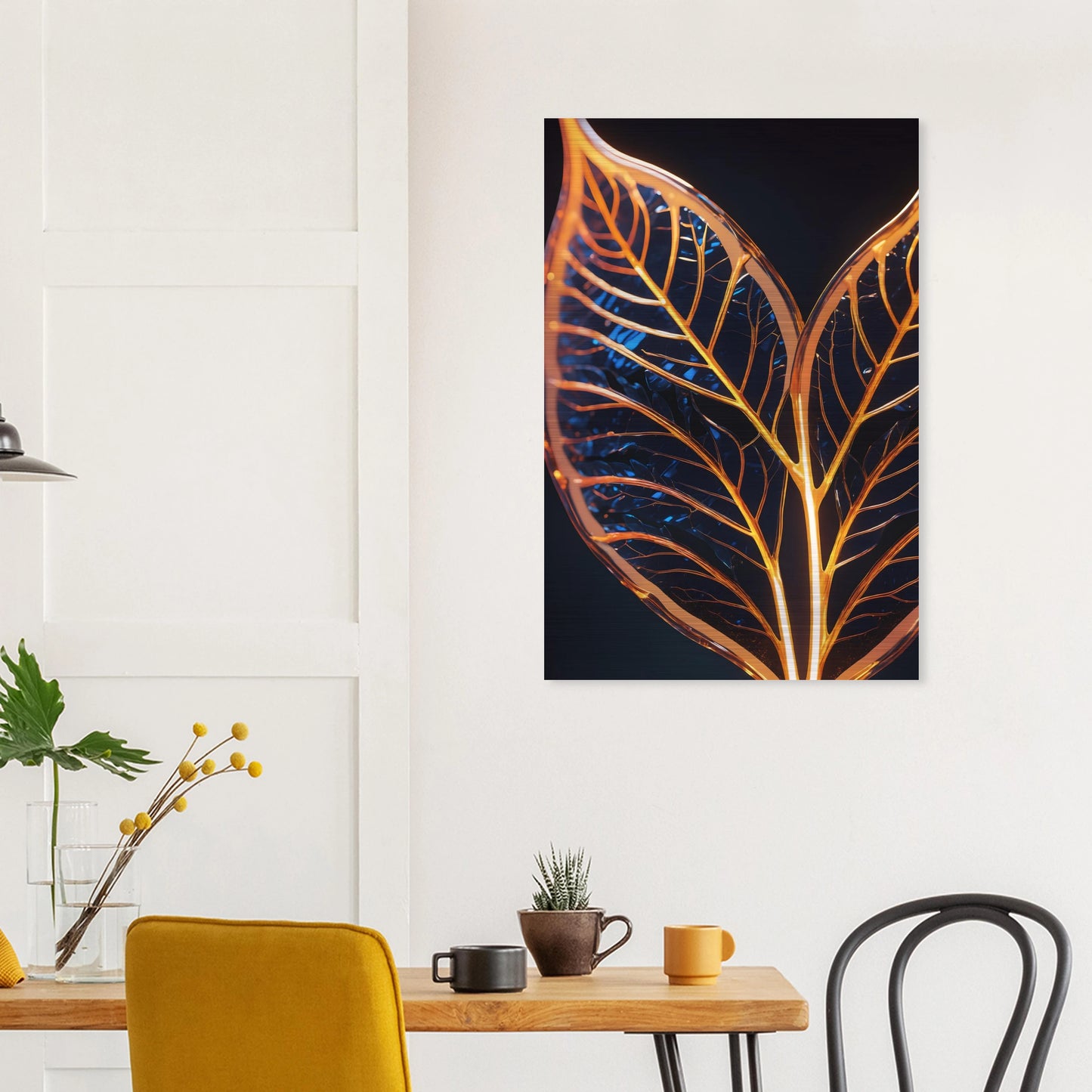 Modernes Wandbild mit zwei goldenen, gläsernen Blättern in Makroaufnahme auf dunklem Hintergrund, Format 60x90 cm. Brushed