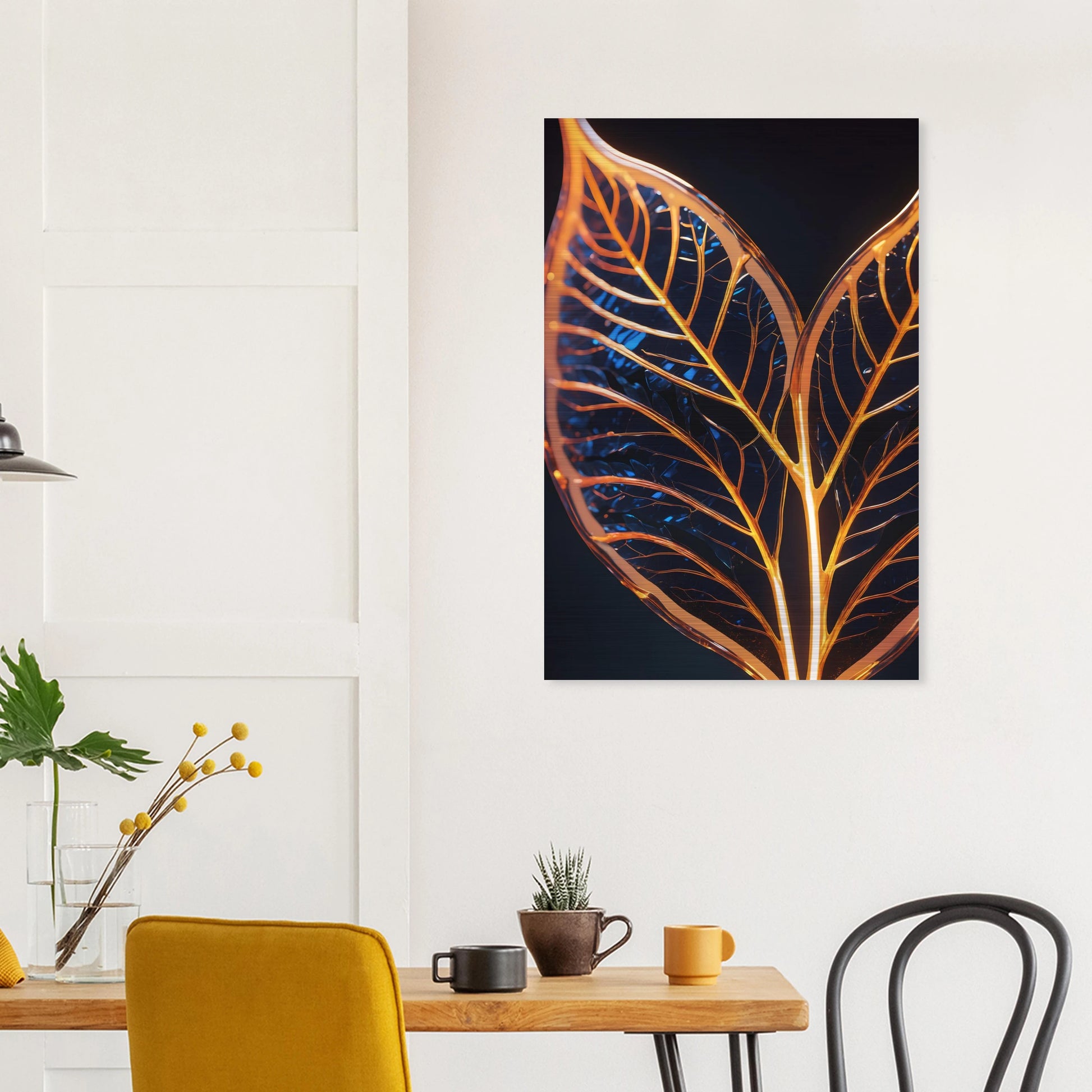 Modernes Wandbild mit zwei goldenen, gläsernen Blättern in Makroaufnahme auf dunklem Hintergrund, Format 60x90 cm. Brushed