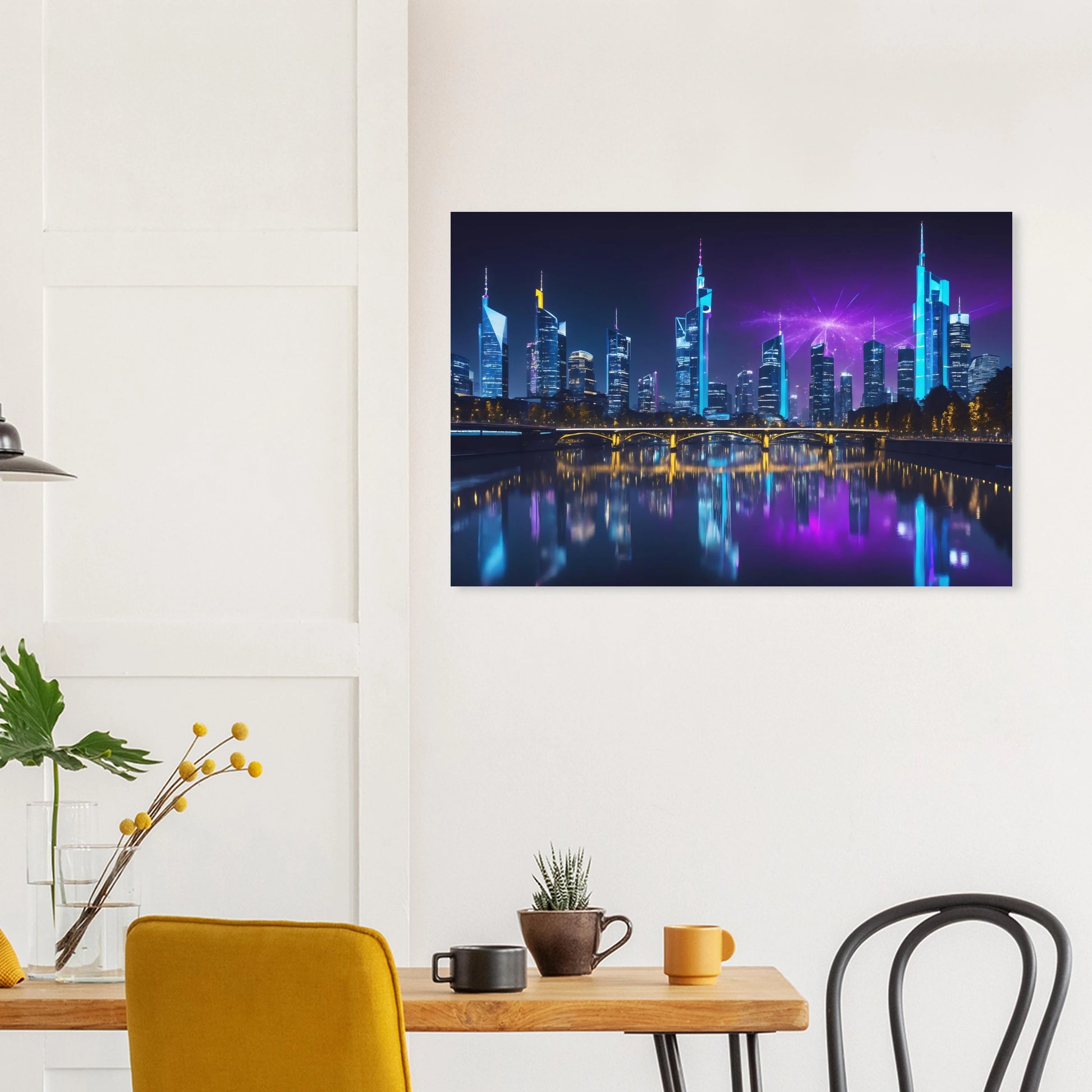 Modernes Wandbild der Frankfurter Skyline bei Nacht mit beleuchteten Wolkenkratzern und violetten Lichteffekten am Himmel. 60x90 cm. Dibond