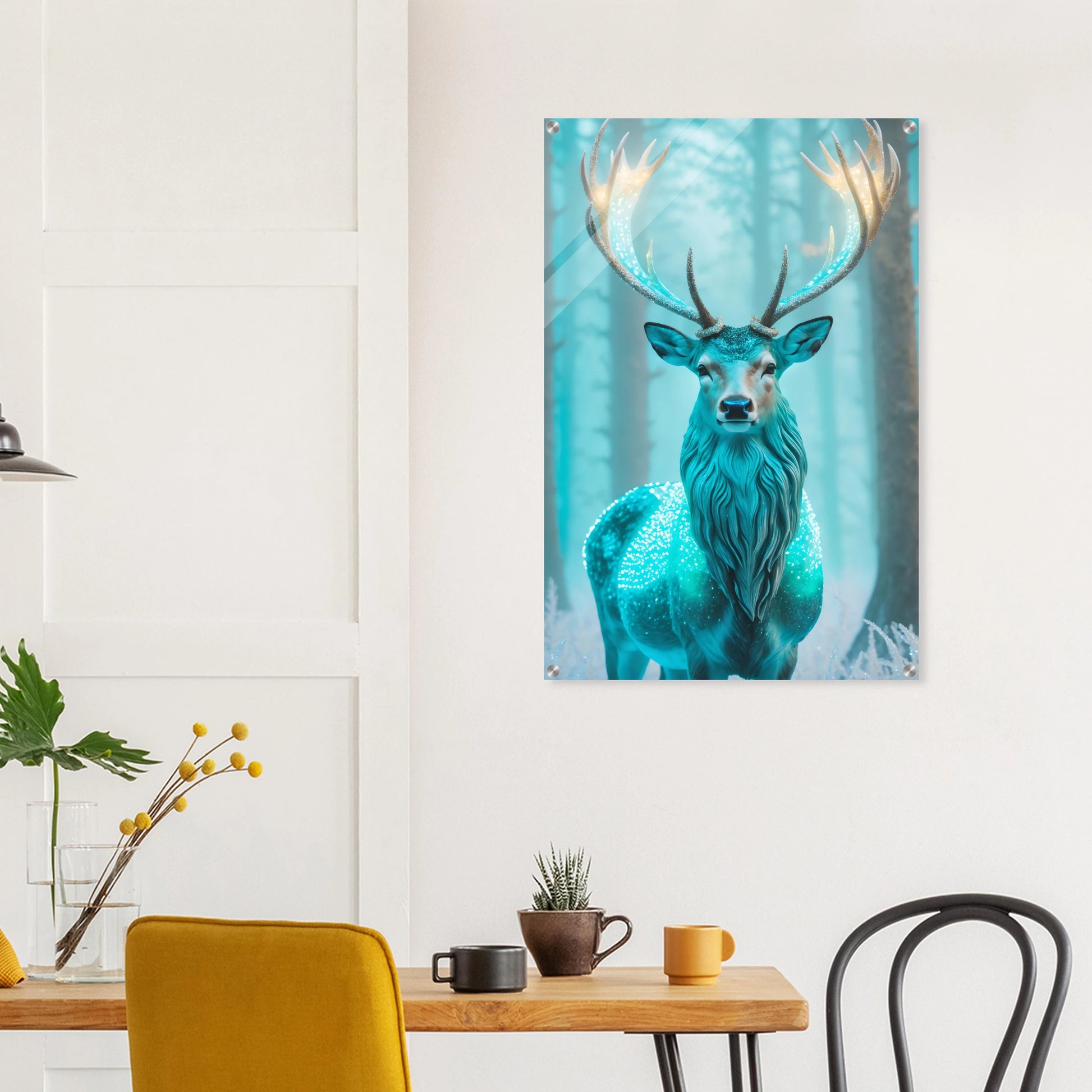 Digitales Kunstwerk eines Hirsches mit einem hell leuchtenden, kristallinen Geweih in einem nebligen blauen Winterwald. 60x90 cm. Acryl