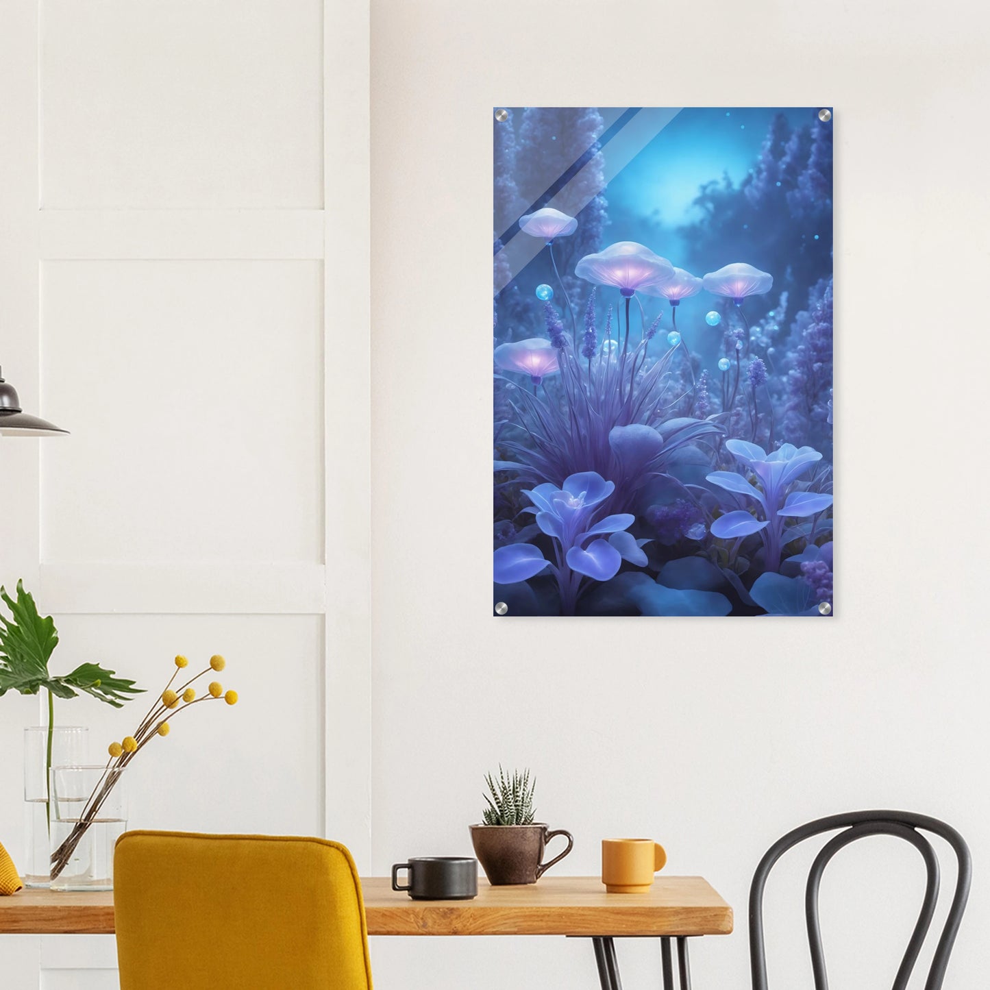 Digitales Kunstwerk einer fantastischen Waldlandschaft mit biolumineszenten, blau leuchtenden Pilzen und Blumen in sanftem Licht. 60x90 cm. Acryl