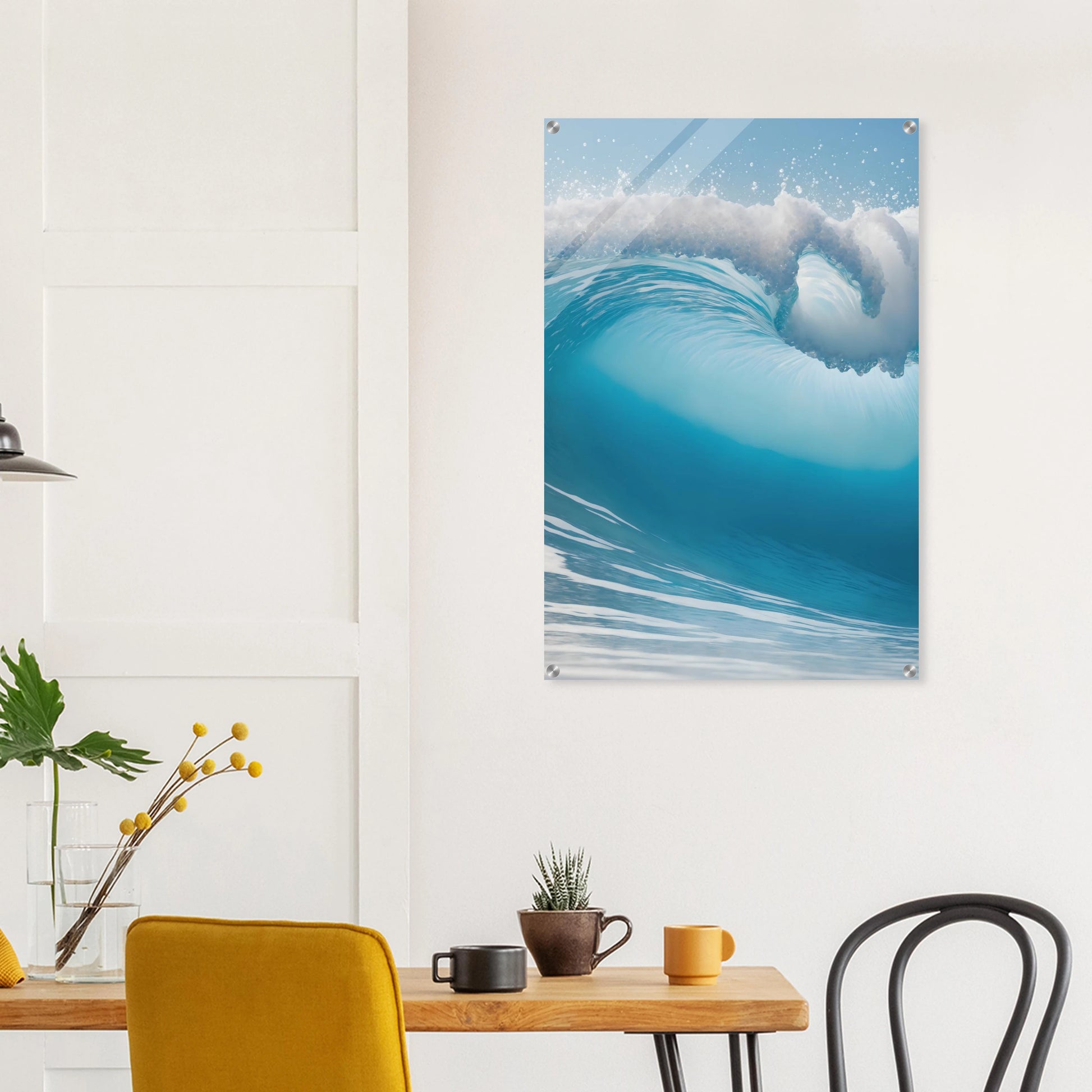 Abstraktes Wandbild einer brechenden Meereswelle in Türkis und Blau mit weißer Gischt. 60x90 cm. Acryl