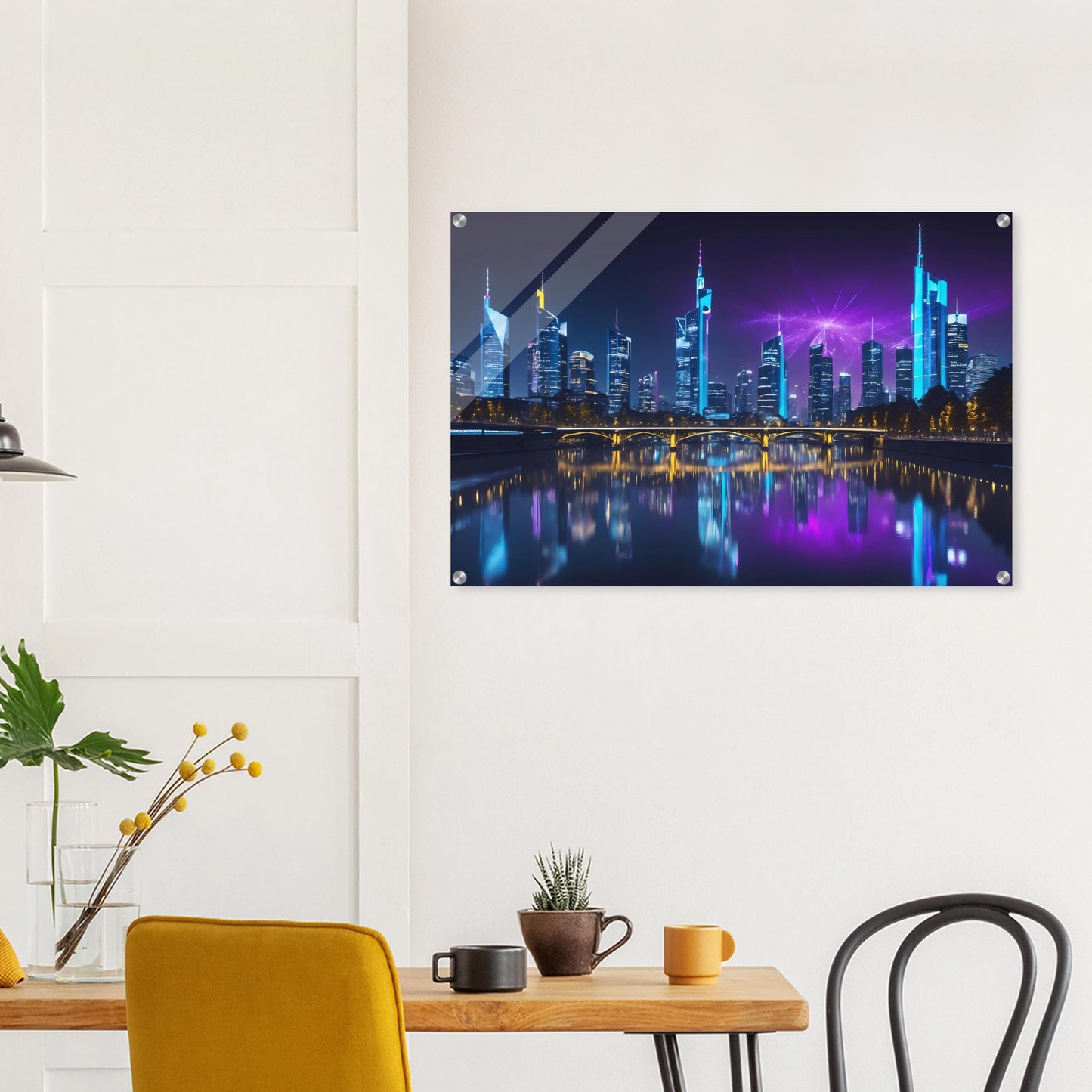Modernes Wandbild der Frankfurter Skyline bei Nacht mit beleuchteten Wolkenkratzern und violetten Lichteffekten am Himmel. 60x90 cm. Acryl