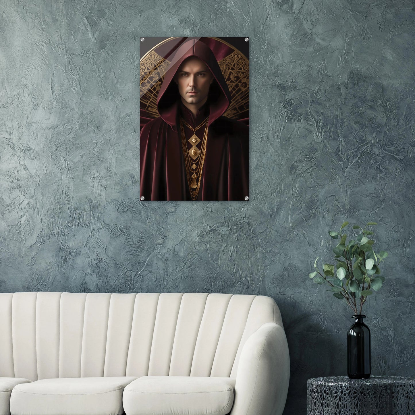 Digitales Kunstwerk einer männlichen Gestalt mit purpurner Kapuze, goldenen Ketten und kunstvollem Hintergrund. 60x90 cm. Acryl