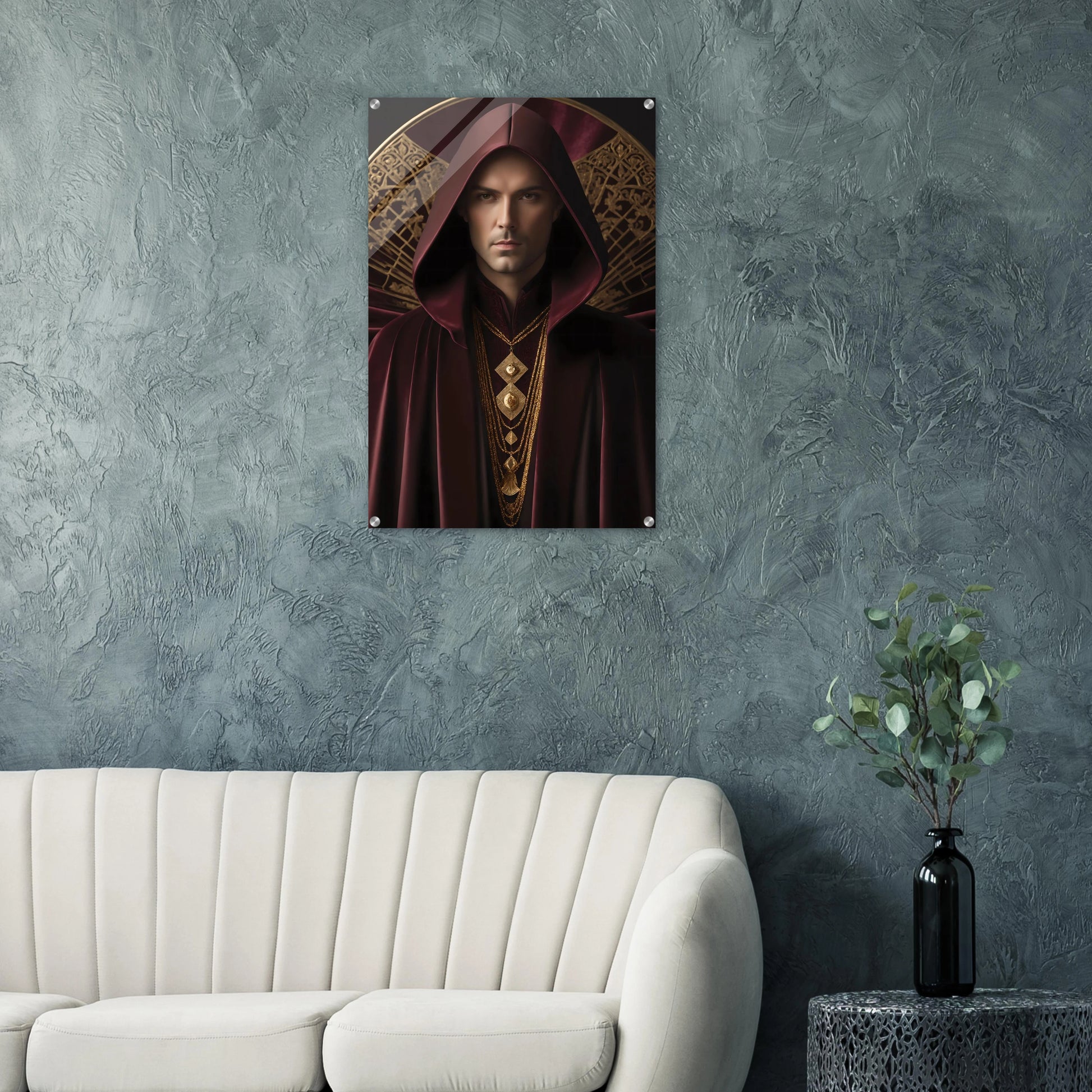 Digitales Kunstwerk einer männlichen Gestalt mit purpurner Kapuze, goldenen Ketten und kunstvollem Hintergrund. 60x90 cm. Acryl