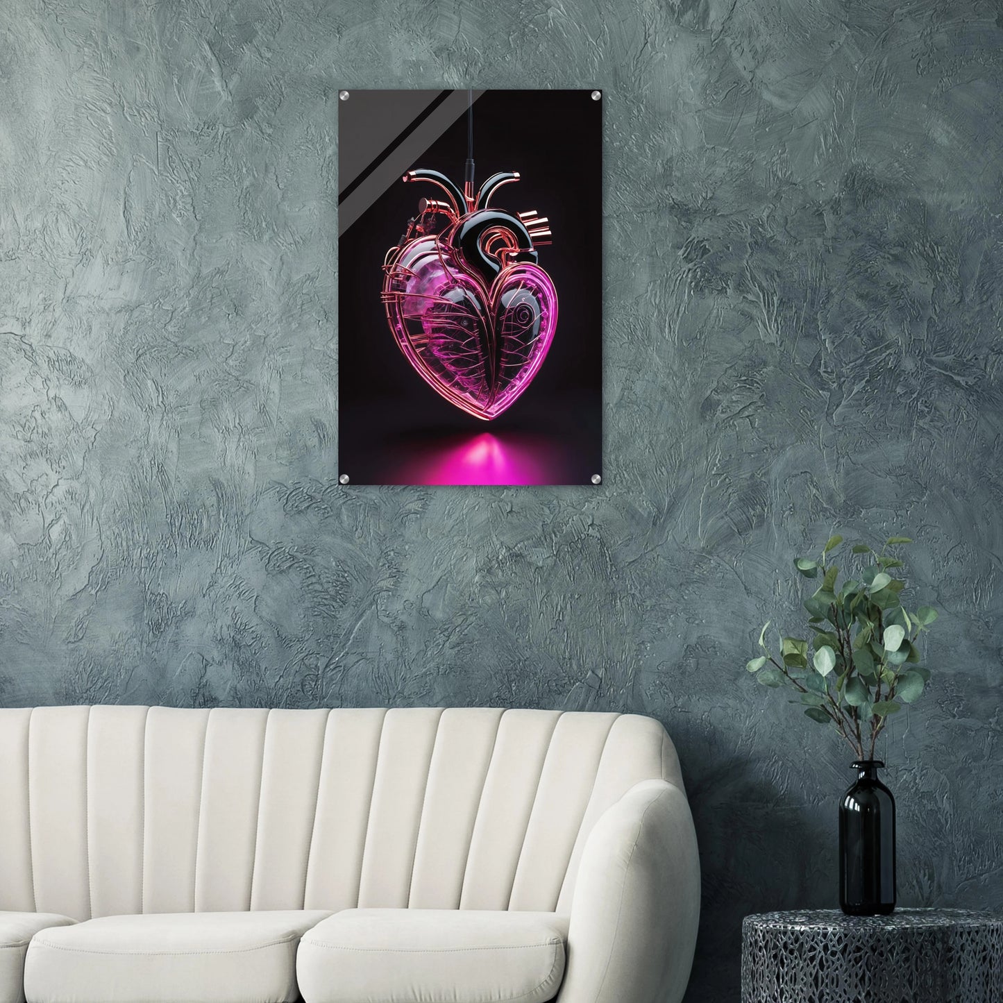 Digitales Kunstwerk eines anatomischen Herzens mit leuchtend pinken Neon-Strukturen und glänzenden schwarzen Oberflächen auf dunklem Grund. 60x90 cm. Acryl