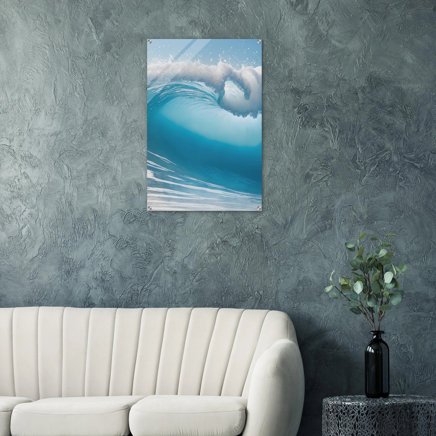 Abstraktes Wandbild einer brechenden Meereswelle in Türkis und Blau mit weißer Gischt. 60x90 cm. Acryl