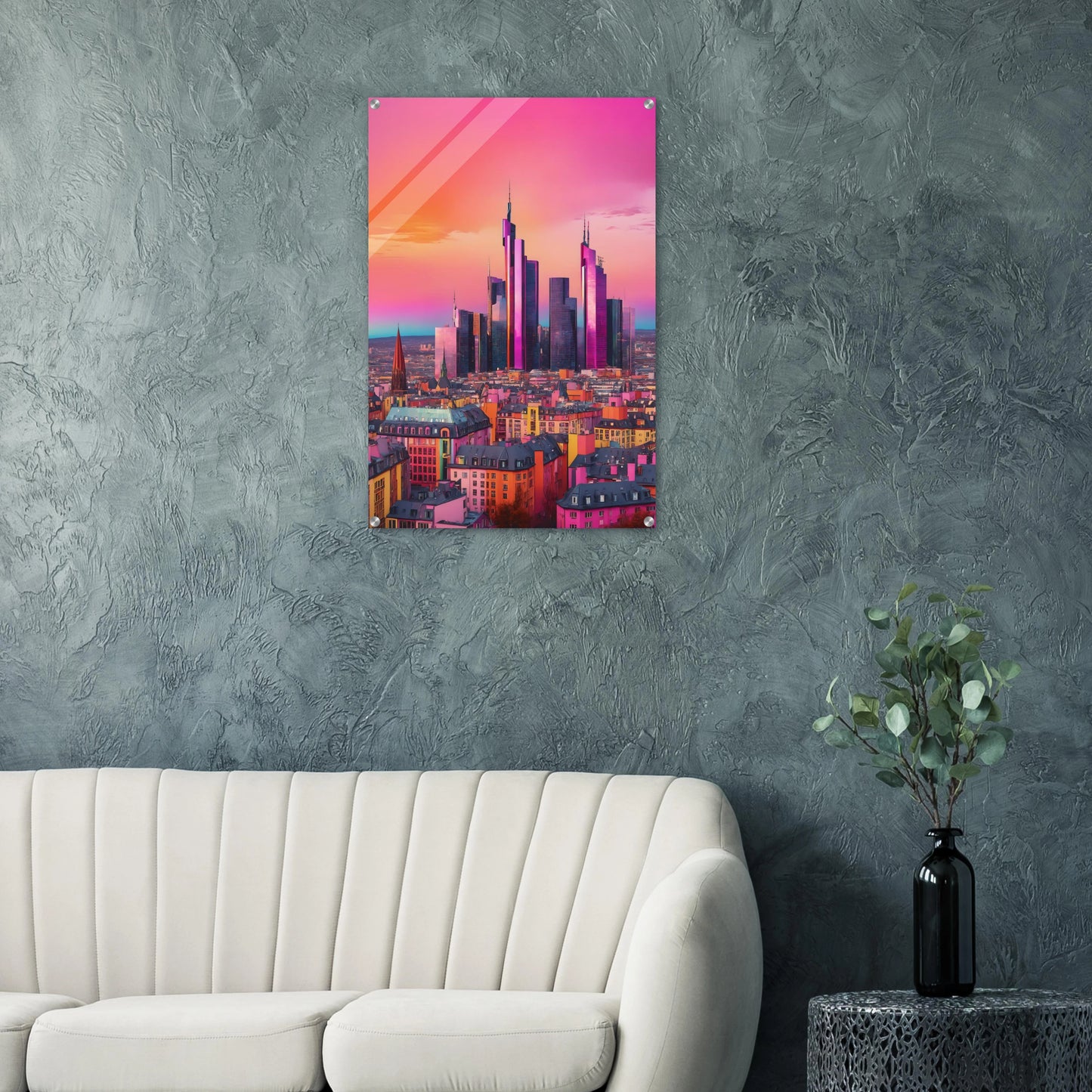 Buntes Wandbild der Frankfurter Skyline in intensiven Pink- und Violetttönen im modernen Pop-Art-Illustrationsstil. 60x90 cm. Acryl