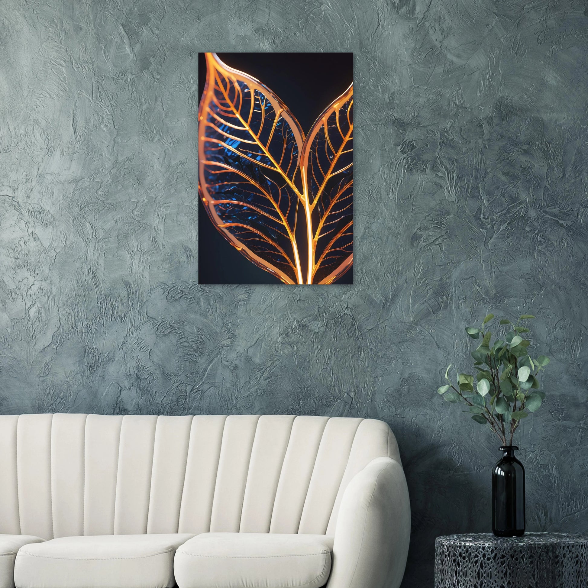 Modernes Wandbild mit zwei goldenen, gläsernen Blättern in Makroaufnahme auf dunklem Hintergrund, Format 60x90 cm. Dibond