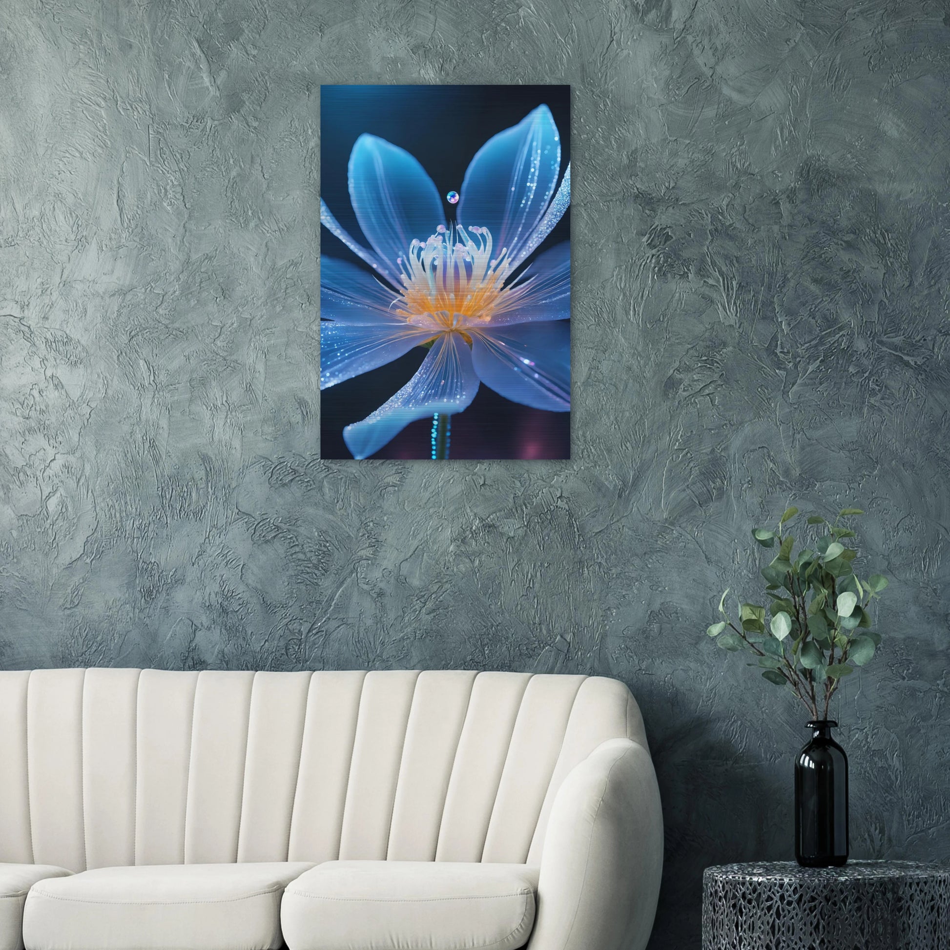 Digitales Wandbild einer blau leuchtenden Blüte mit goldenem Kern und schimmernden Lichtpartikeln auf dunklem Grund. 60x90 cm. Brushed