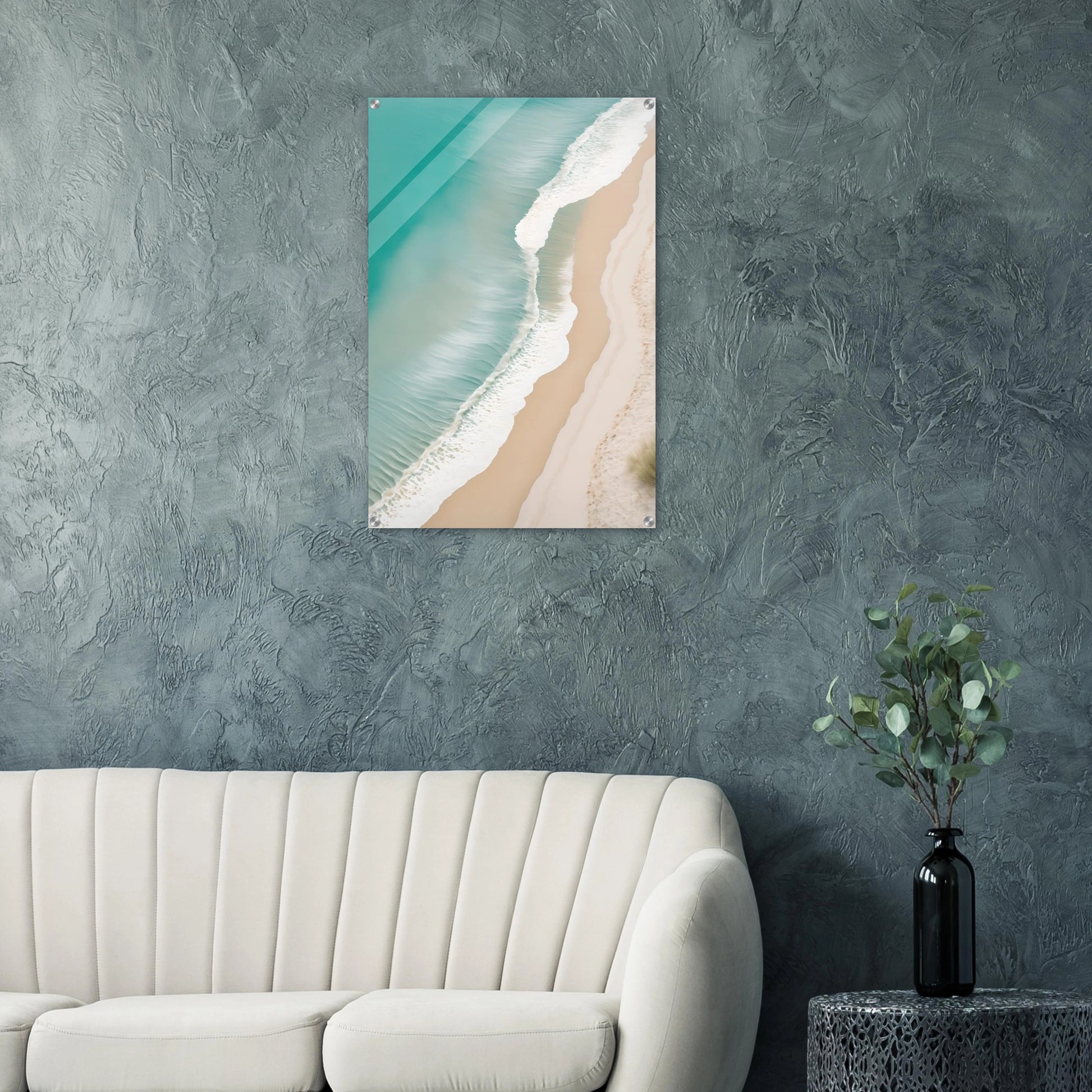 Traumhaftes Strand-Wandbild: Türkisfarbenes Meer und weißer Sand aus der Luftaufnahme. Minimalistisches Küsten-Design für Ihr Zuhause. Jetzt online kaufen! 60x90 cm. Acryl