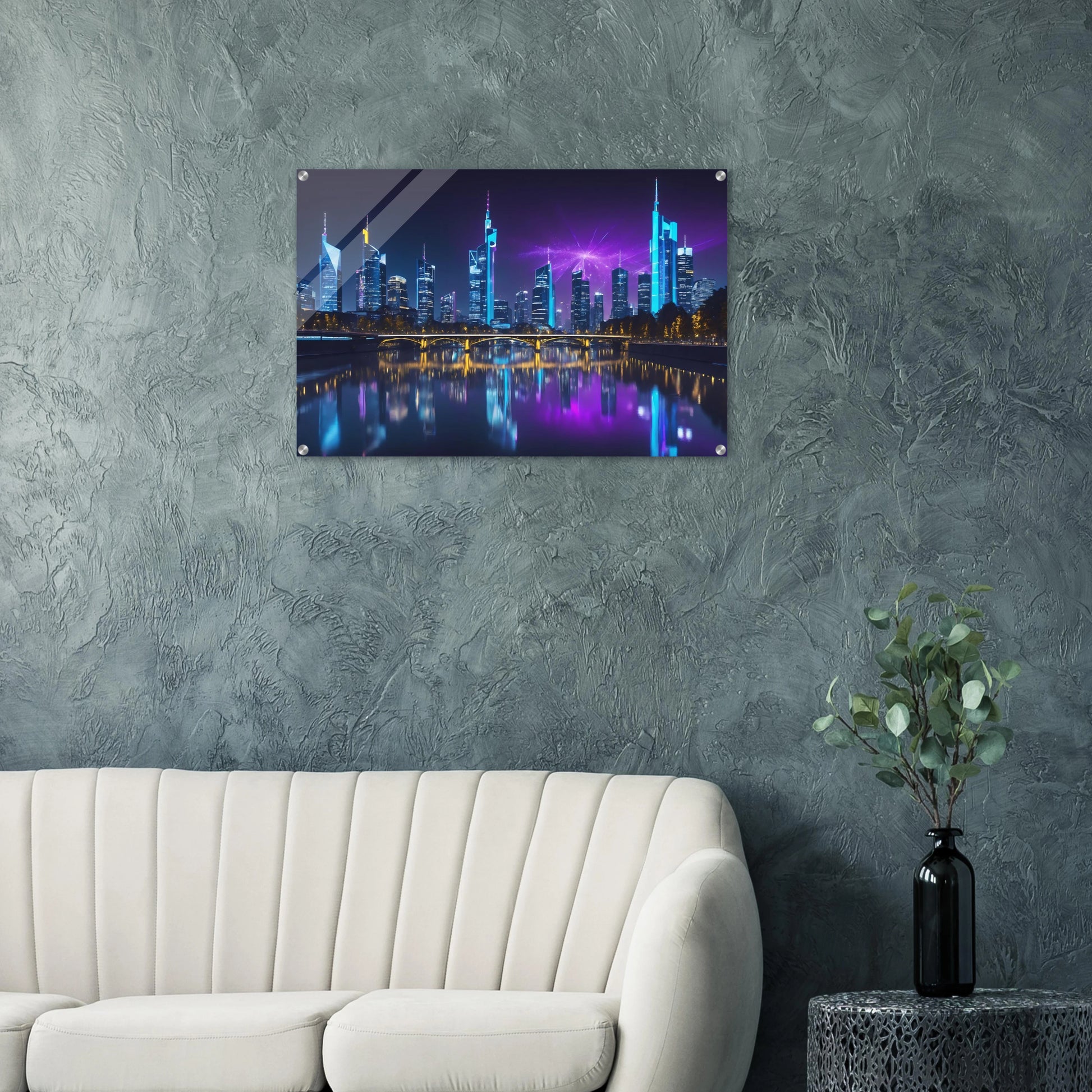 Modernes Wandbild der Frankfurter Skyline bei Nacht mit beleuchteten Wolkenkratzern und violetten Lichteffekten am Himmel. 60x90 cm. Acryl