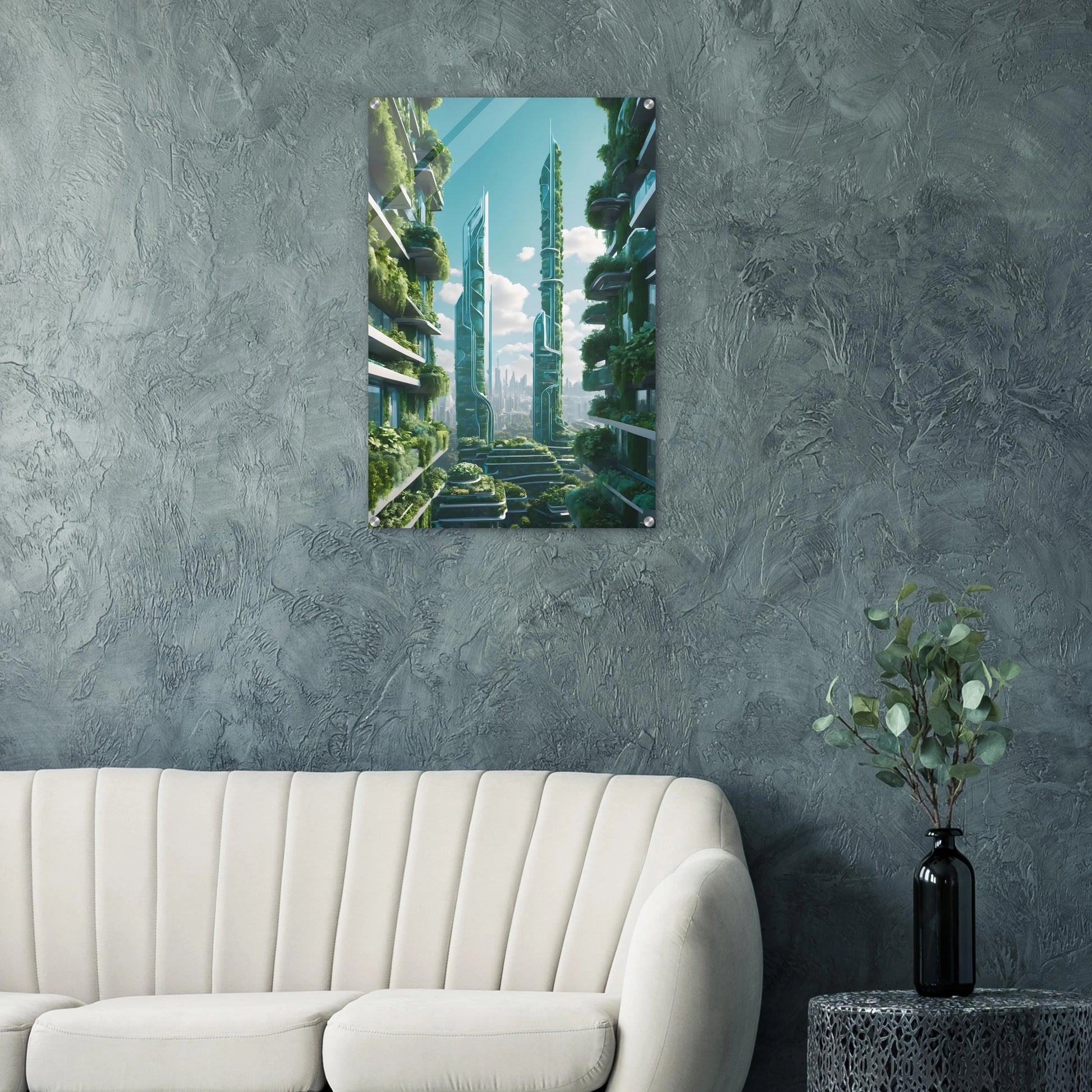 Digitales Kunstwerk einer futuristischen Stadt mit extrem hohen, schlanken Wolkenkratzern, die über und über mit grünen Pflanzen bewachsen sind. 60x90 cm. Acryl