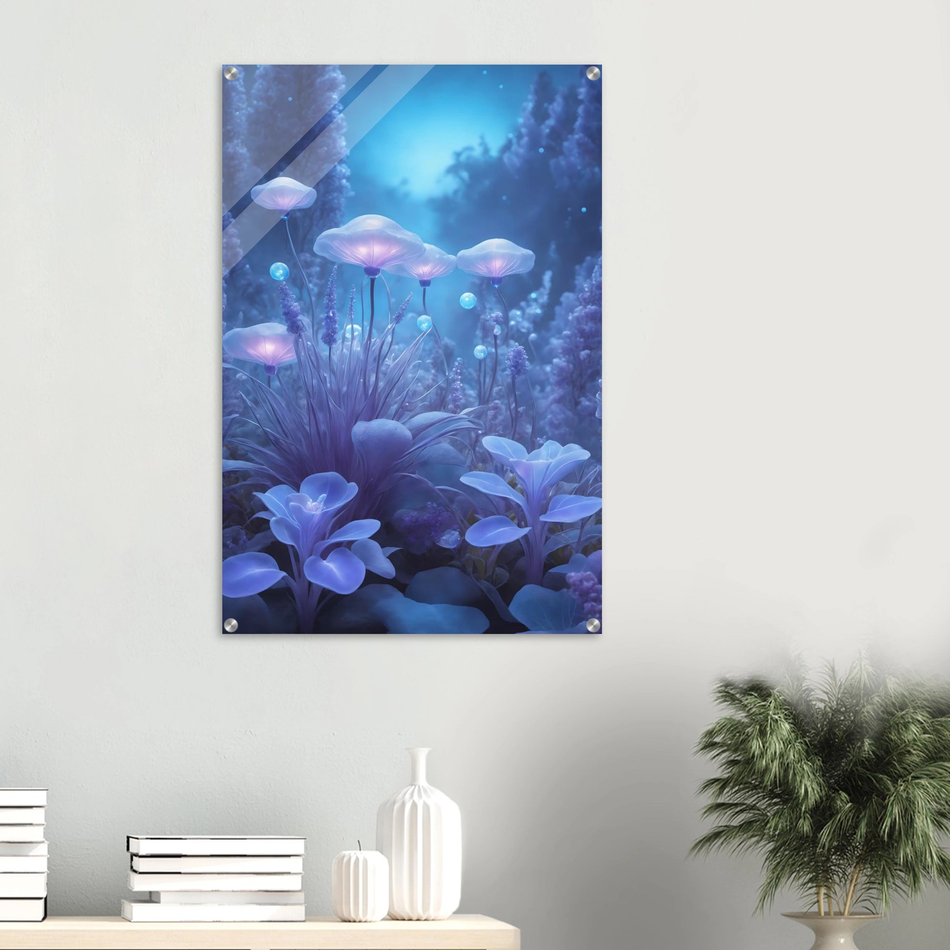 Digitales Kunstwerk einer fantastischen Waldlandschaft mit biolumineszenten, blau leuchtenden Pilzen und Blumen in sanftem Licht. 60x90 cm. Acryl