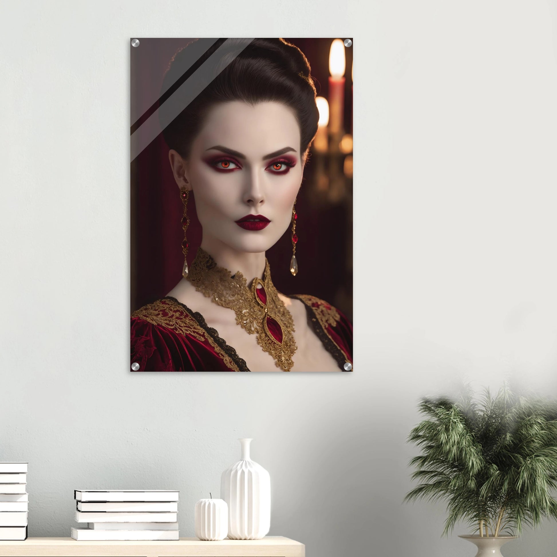 Digitales Porträt einer Frau im Gothic-Stil mit rot leuchtenden Augen, dunklem Haar und opulentem gold-rotem Halsschmuck. 60x90 cm. Acryl