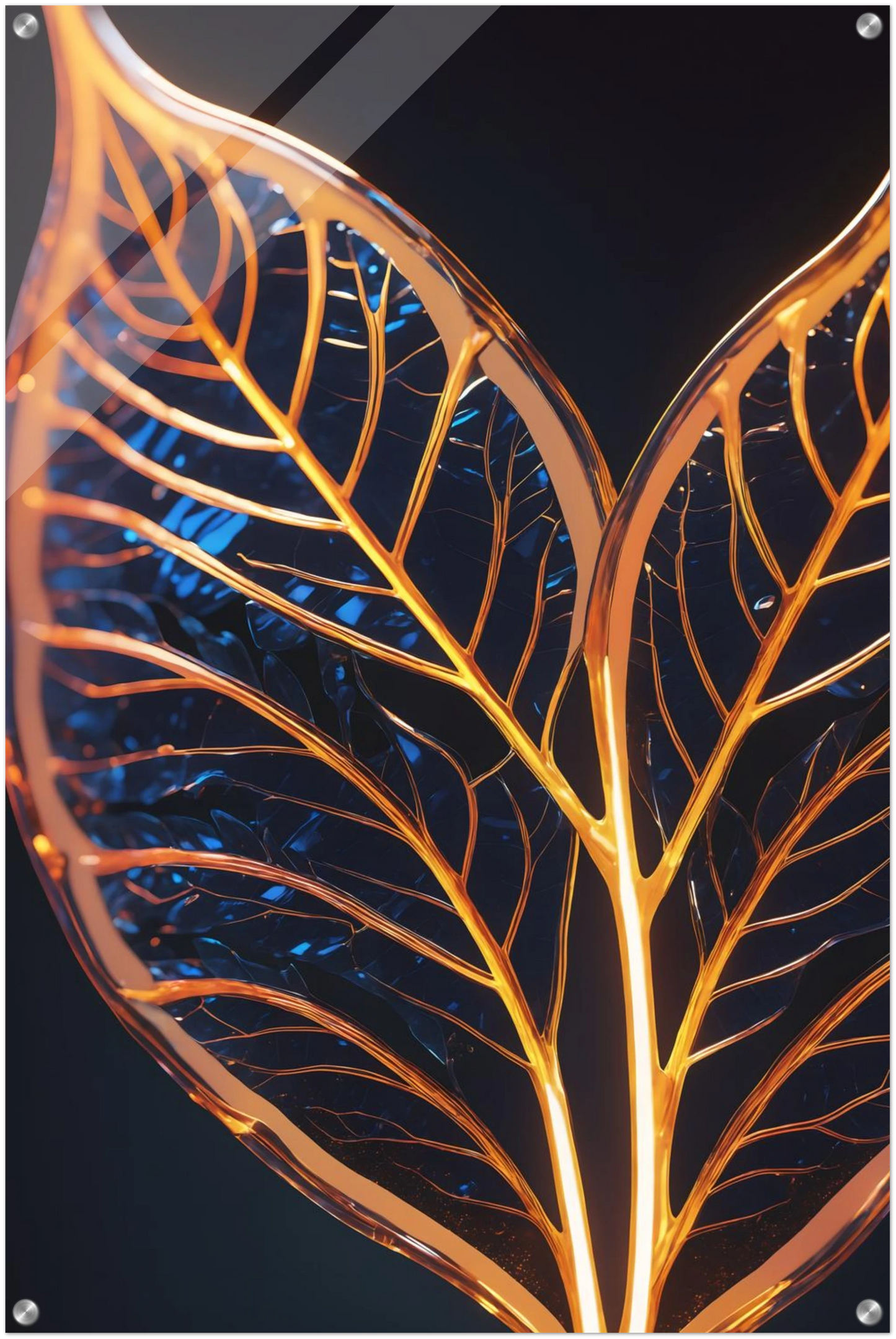 Modernes Wandbild mit zwei goldenen, gläsernen Blättern in Makroaufnahme auf dunklem Hintergrund, Format 60x90 cm. Acryl