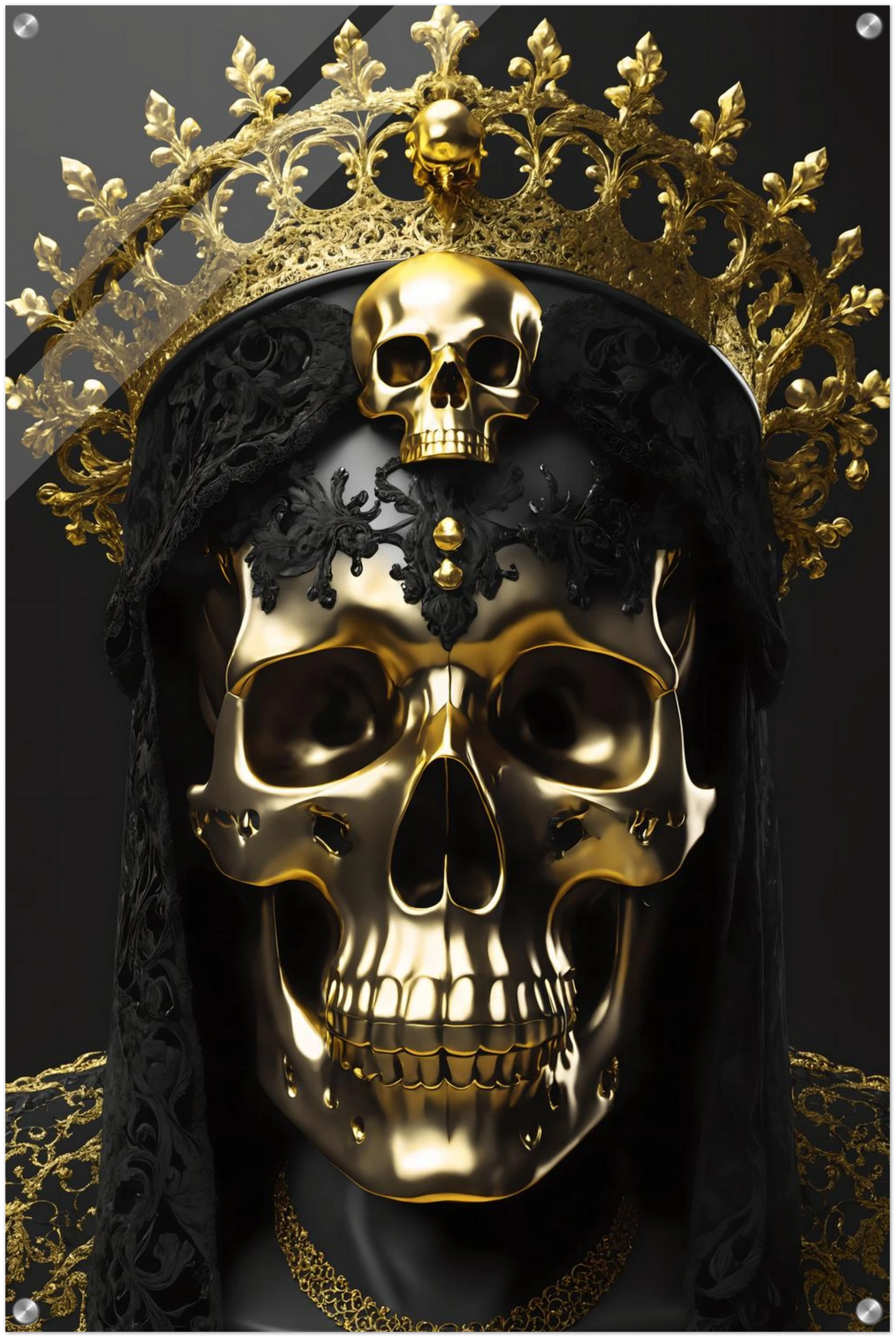 Modernes Wandbild eines golden glänzenden Schädels mit einer großen, filigranen Goldkrone vor dunklem Hintergrund. 60x90 cm. Acryl