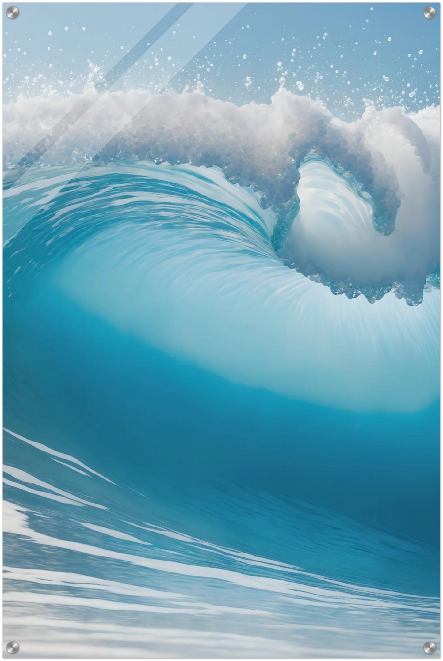 Abstraktes Wandbild einer brechenden Meereswelle in Türkis und Blau mit weißer Gischt. 60x90 cm. Acryl