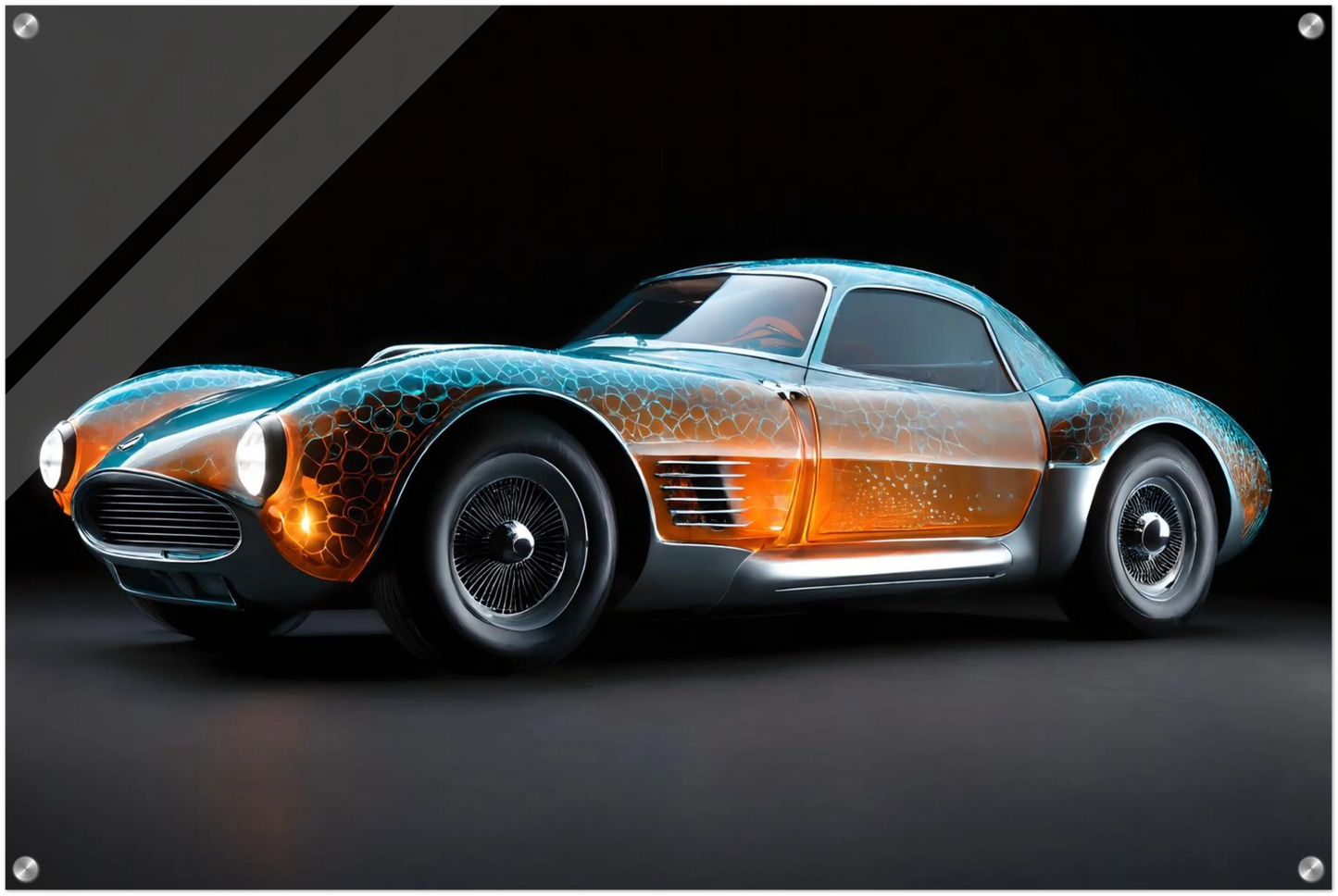 Digitales Kunstwerk eines klassischen Sportwagens mit einer transparenten, bernsteinfarbenen Karosserie und blauen Lichtreflexen. 60x90 cm. Acryl