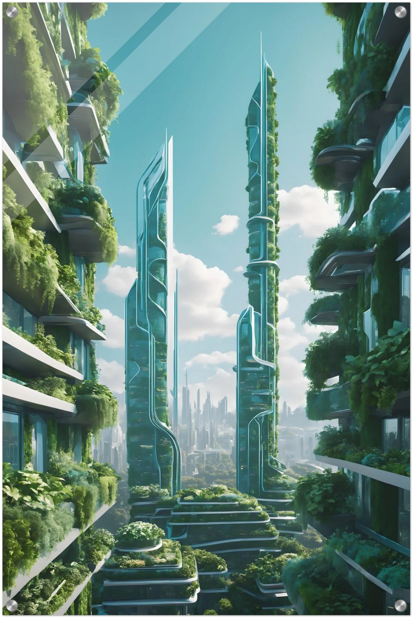Digitales Kunstwerk einer futuristischen Stadt mit extrem hohen, schlanken Wolkenkratzern, die über und über mit grünen Pflanzen bewachsen sind. 60x90 cm. Acryl