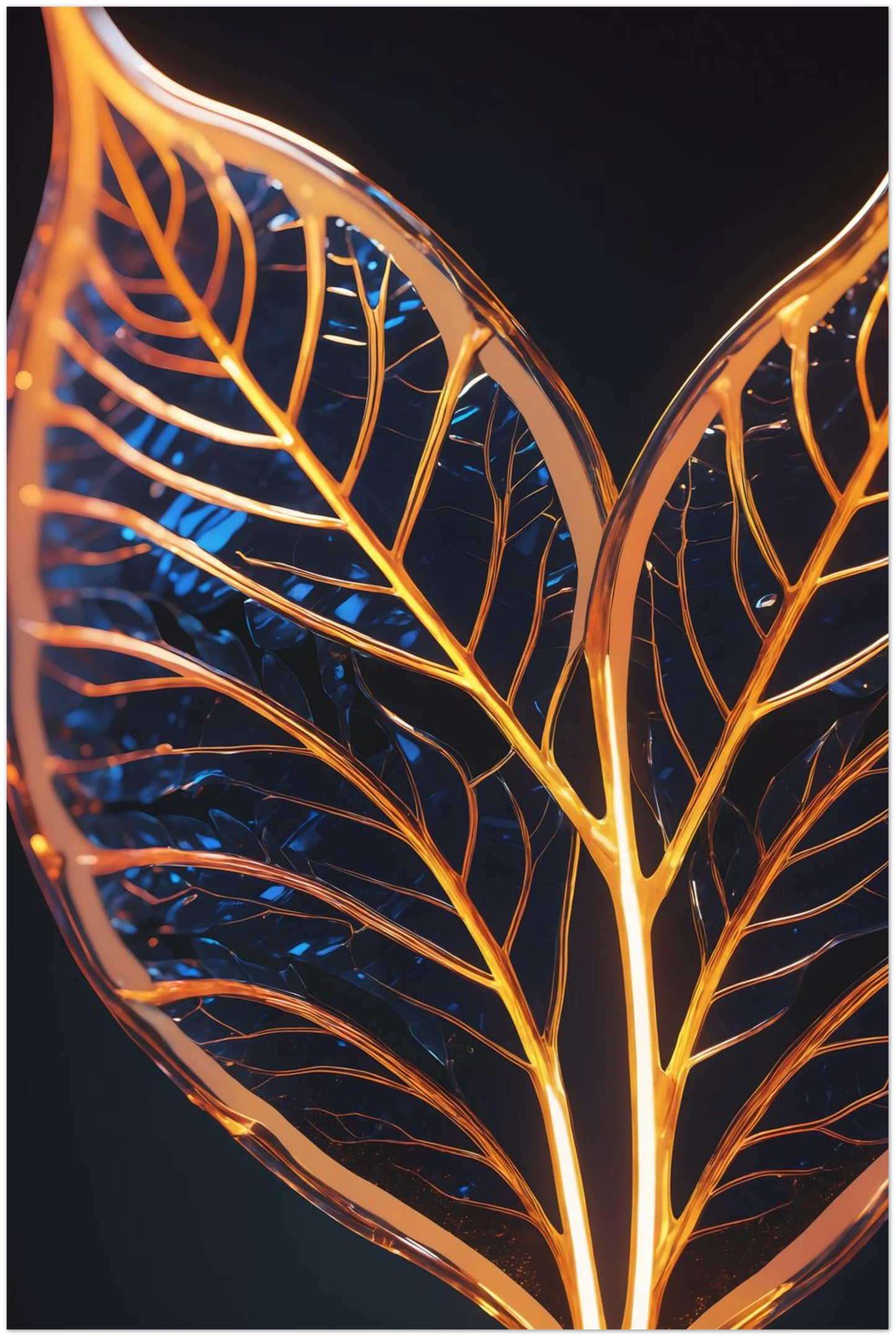 Modernes Wandbild mit zwei goldenen, gläsernen Blättern in Makroaufnahme auf dunklem Hintergrund, Format 60x90 cm. Dibond