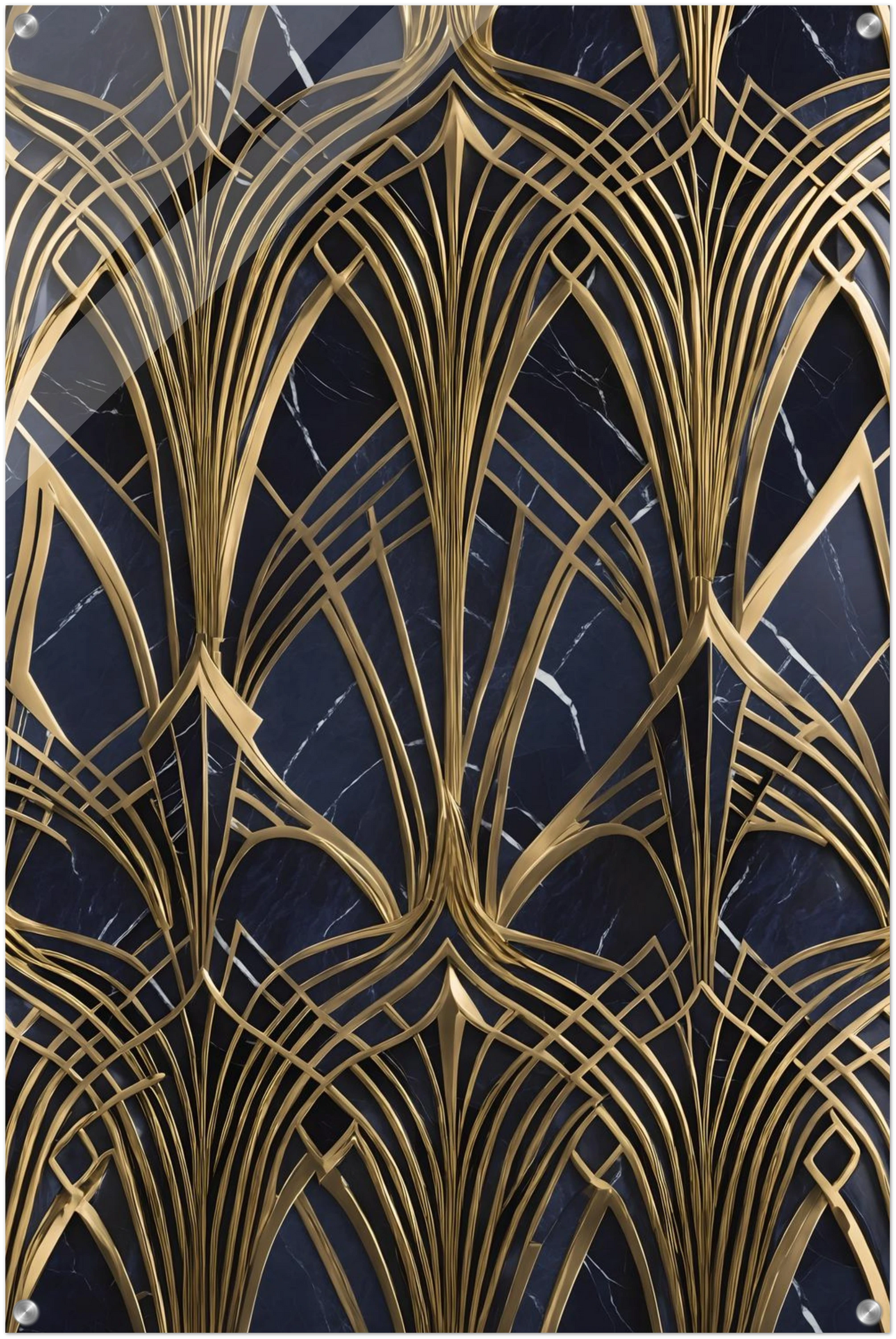 Modernes Wandbild mit goldenen, symmetrischen Art-Déco-Bögen auf einem dunkelblauen, marmorierten Hintergrund. 60x90 cm. Acryl