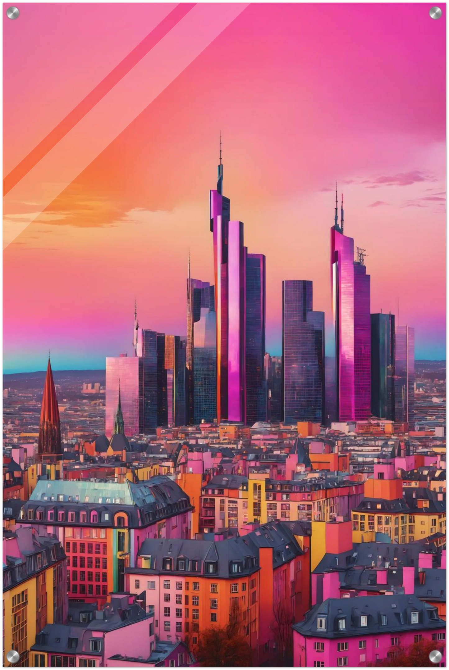 Buntes Wandbild der Frankfurter Skyline in intensiven Pink- und Violetttönen im modernen Pop-Art-Illustrationsstil. 60x90 cm. Acryl
