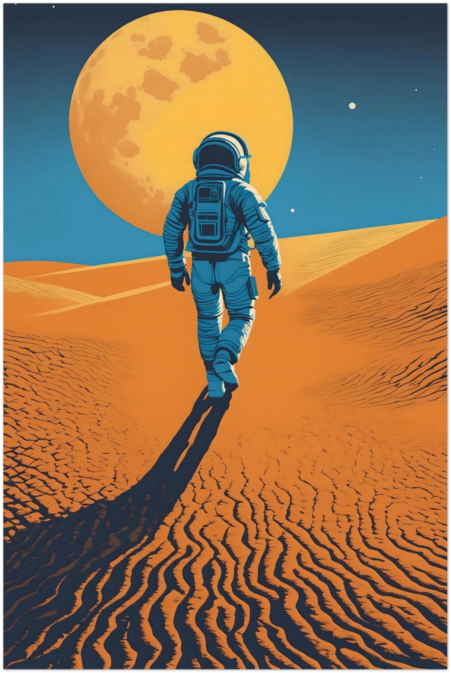 Illustration eines Astronauten, der bei Nacht durch eine orangefarbene Wüstenlandschaft unter einem großen Vollmond wandert. 60x90 cm. Dibond
