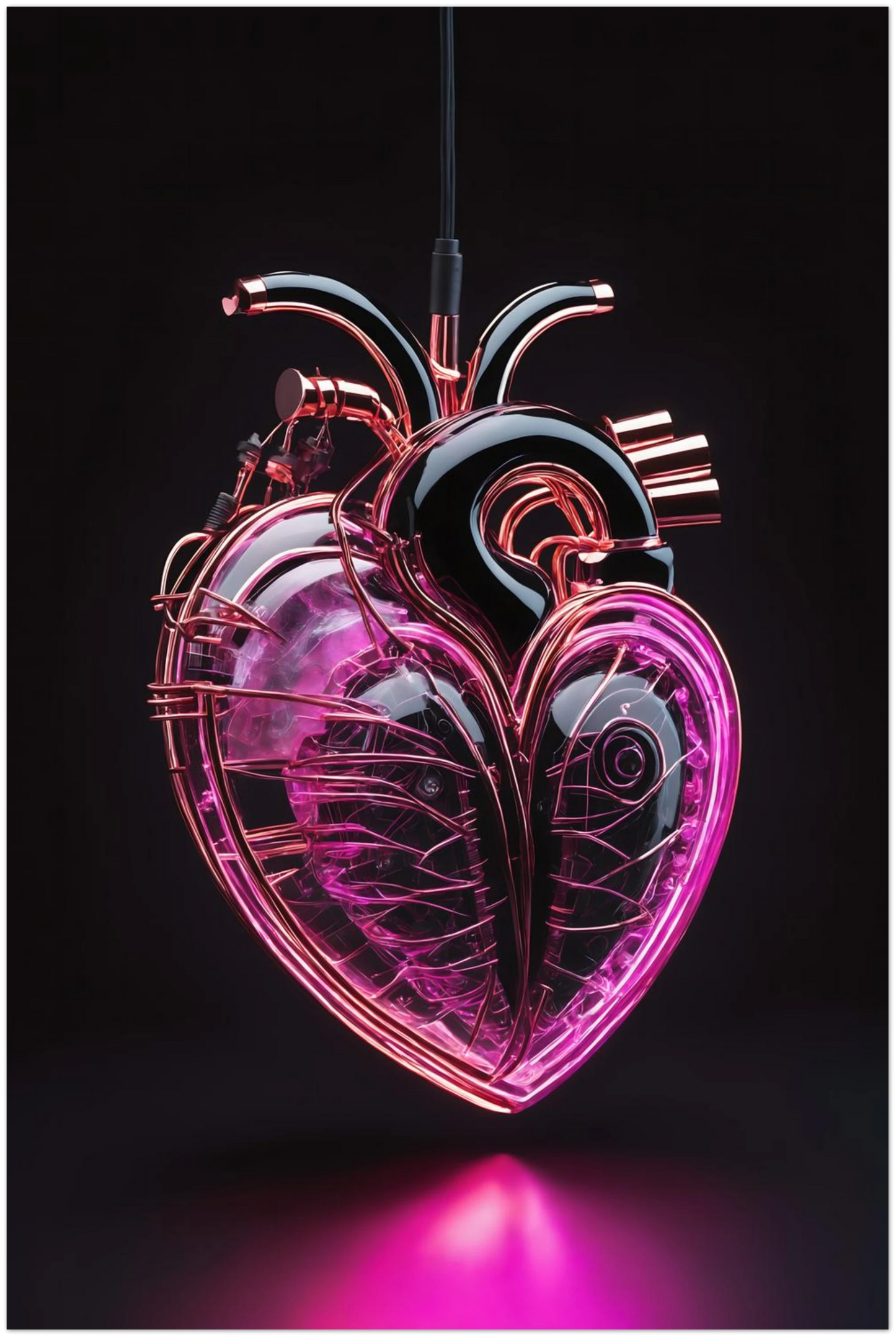 Digitales Kunstwerk eines anatomischen Herzens mit leuchtend pinken Neon-Strukturen und glänzenden schwarzen Oberflächen auf dunklem Grund. 60x90 cm. Dibond