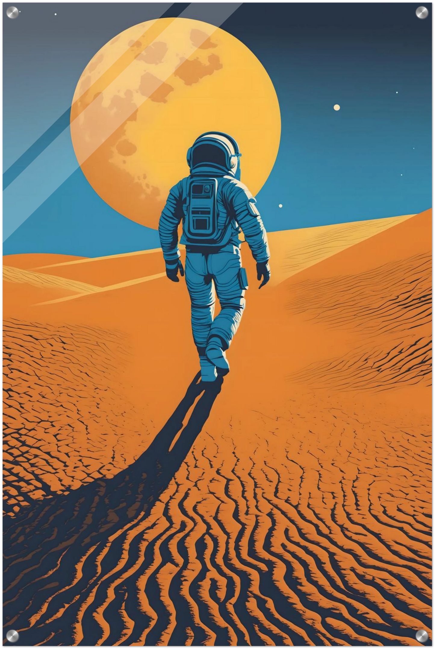 Illustration eines Astronauten, der bei Nacht durch eine orangefarbene Wüstenlandschaft unter einem großen Vollmond wandert. 60x90 cm. Acryl