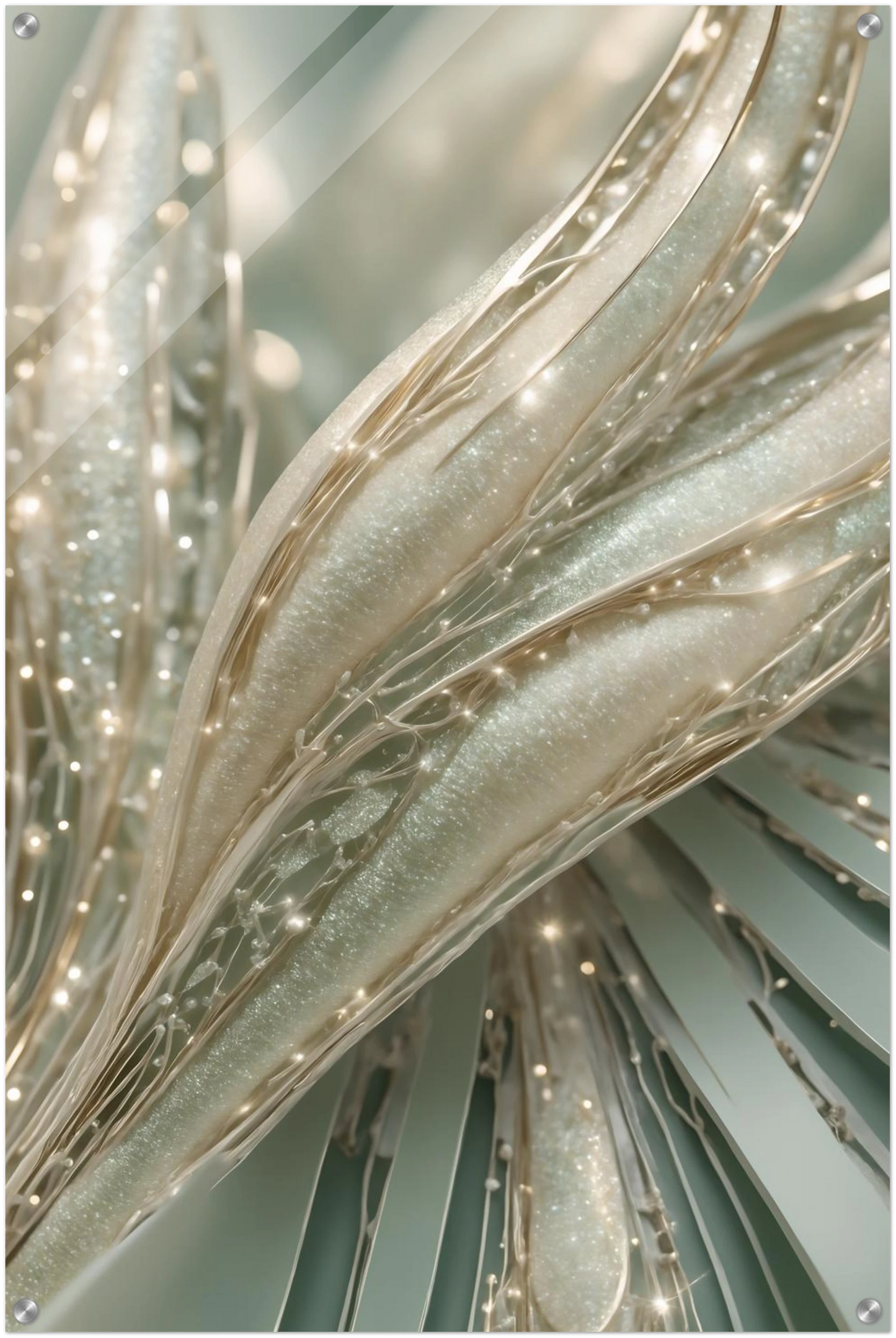 Abstraktes Kunstwerk mit organischen, cremefarbenen Strukturen, glitzernden Kristalldetails und weißen Perlen. 60x90 cm. Acryl