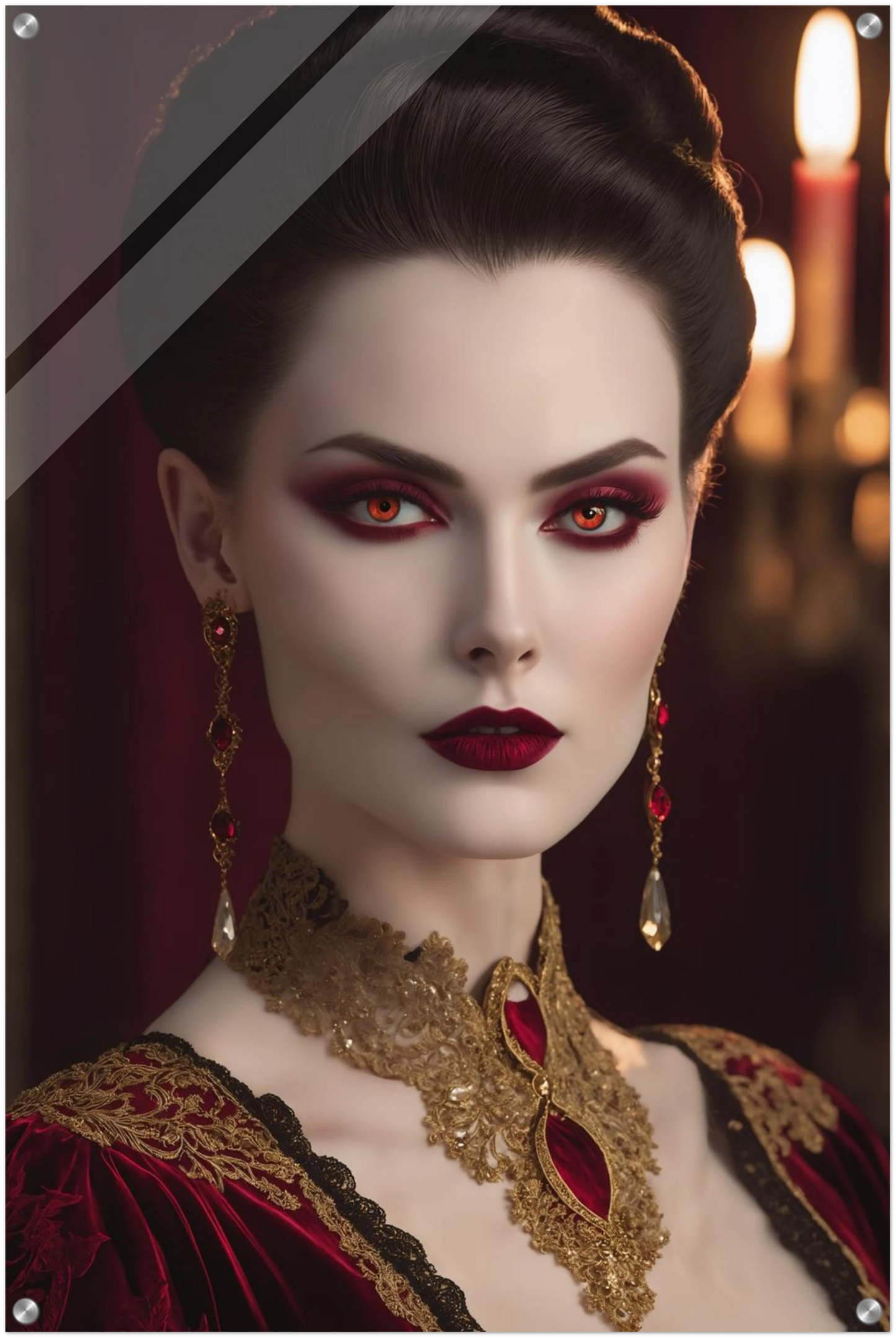 Digitales Porträt einer Frau im Gothic-Stil mit rot leuchtenden Augen, dunklem Haar und opulentem gold-rotem Halsschmuck. 60x90 cm. Acryl