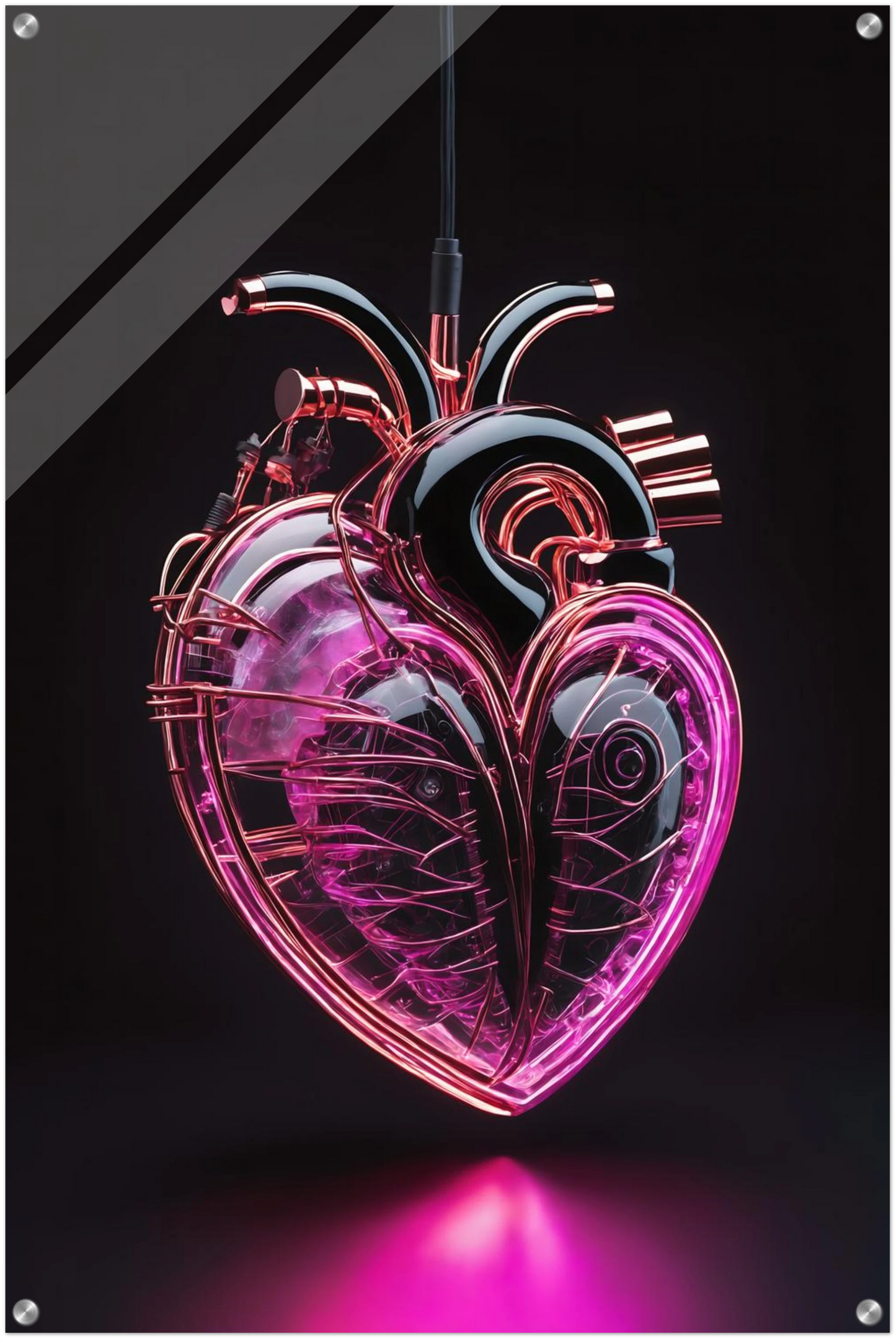 Digitales Kunstwerk eines anatomischen Herzens mit leuchtend pinken Neon-Strukturen und glänzenden schwarzen Oberflächen auf dunklem Grund. 60x90 cm. Acryl