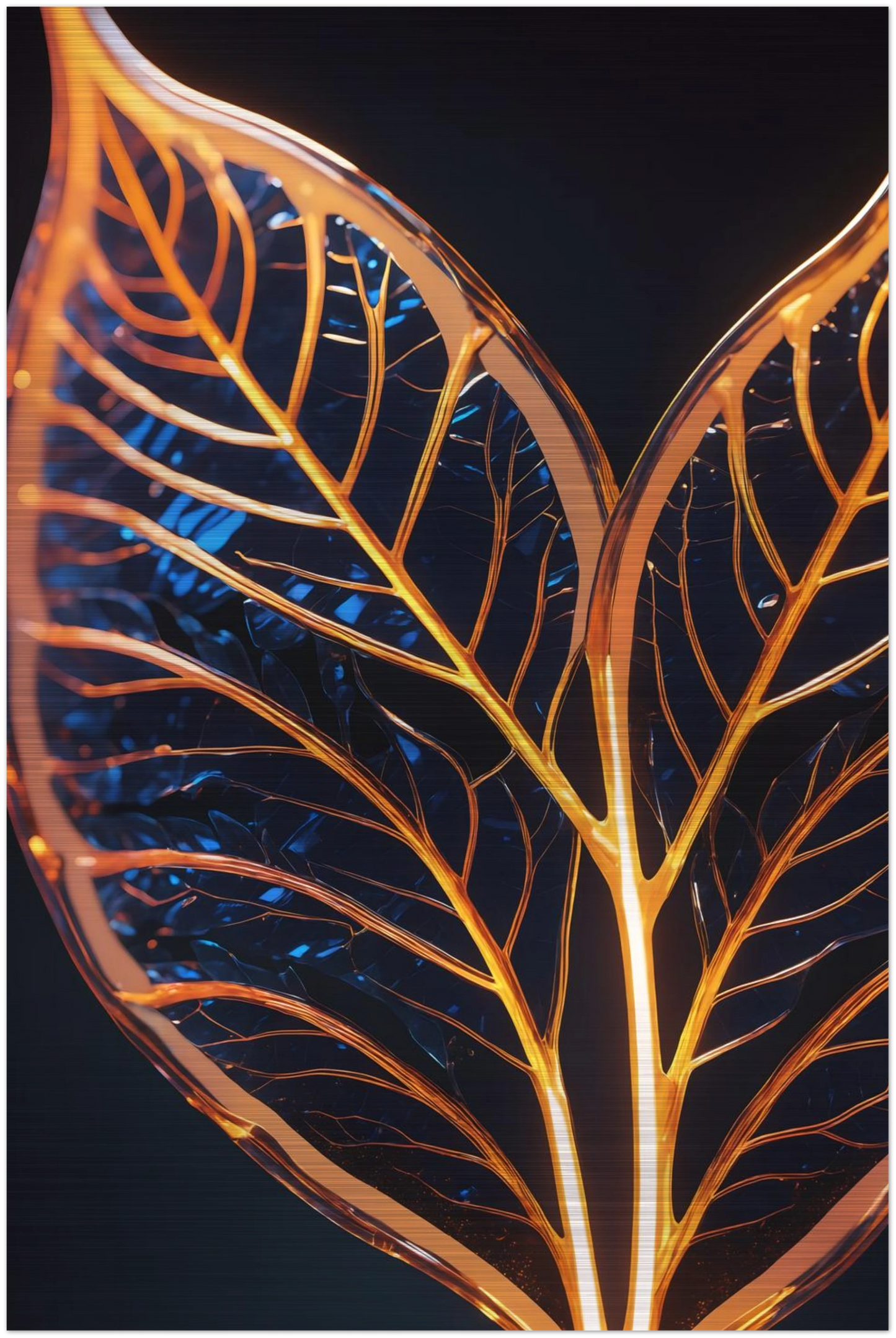 Modernes Wandbild mit zwei goldenen, gläsernen Blättern in Makroaufnahme auf dunklem Hintergrund, Format 60x90 cm. Brushed