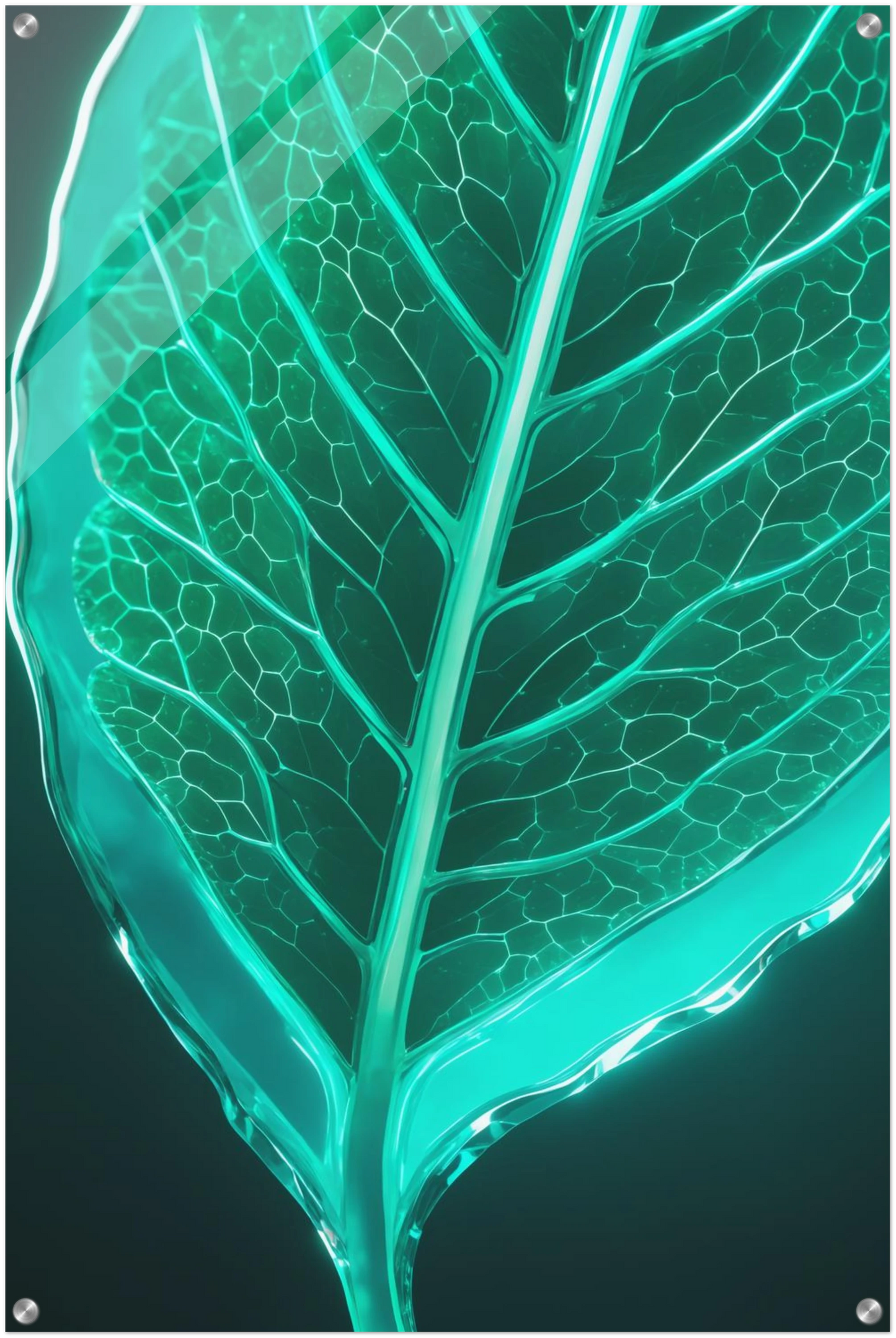 Modernes Wandbild eines leuchtenden, türkisfarbenen Blattes in transparenter Glas-Optik mit sichtbaren Blattadern. 60x90 cm. Acryl