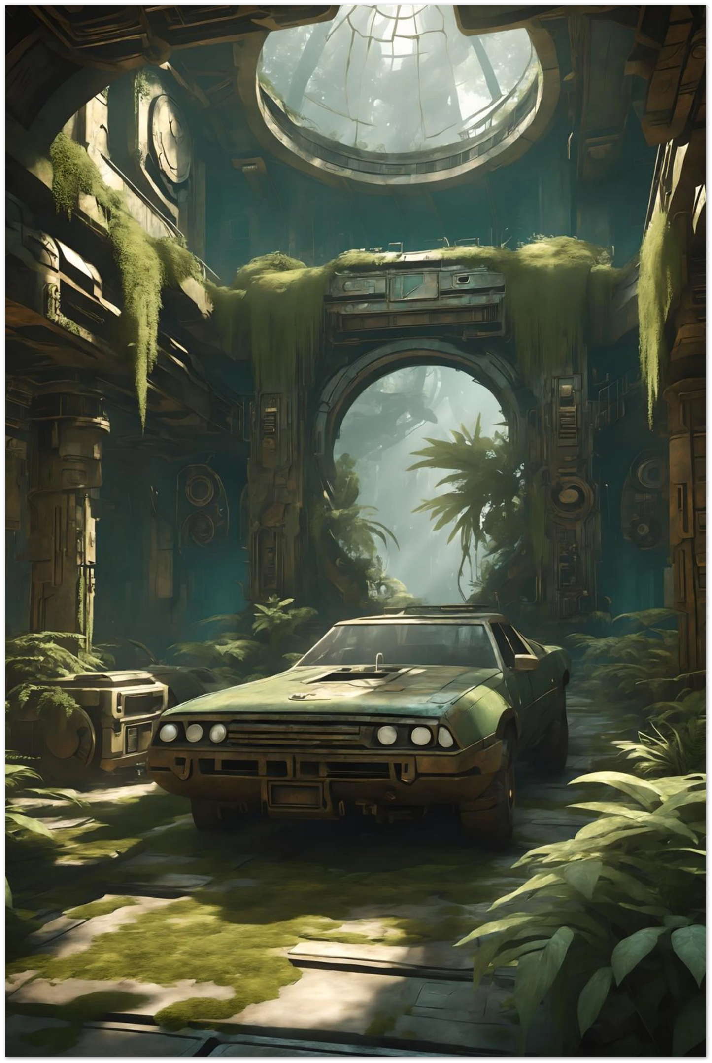 Digitales Kunstwerk eines alten, grünen Autos in einer großen, von Pflanzen und Moos bewachsenen Tempel-Ruine mit Lichteinfall von oben. 60x90 cm. Dibond